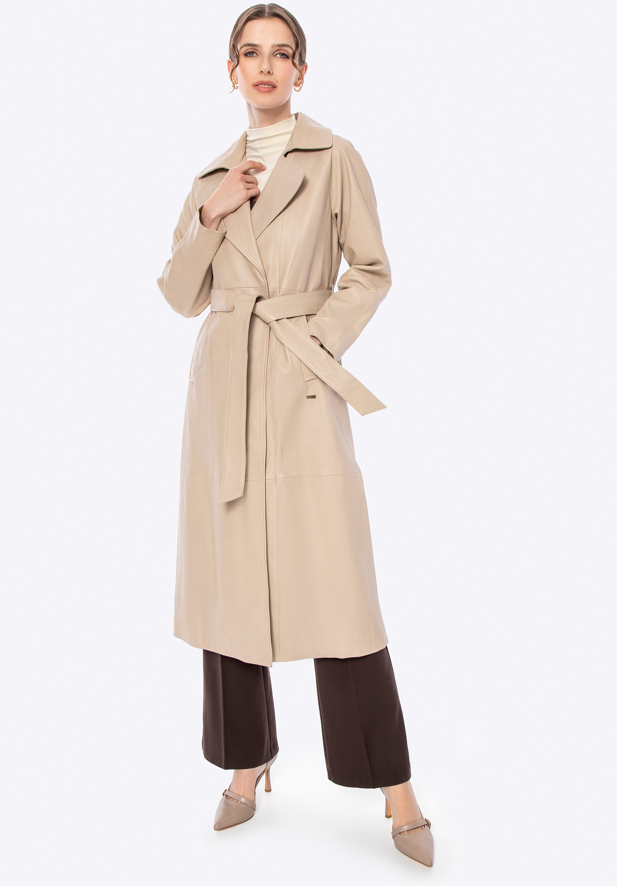 Damenmantel aus Leder mit Gürtel, Creme, 100-09-803-0-XL, Bild 1
