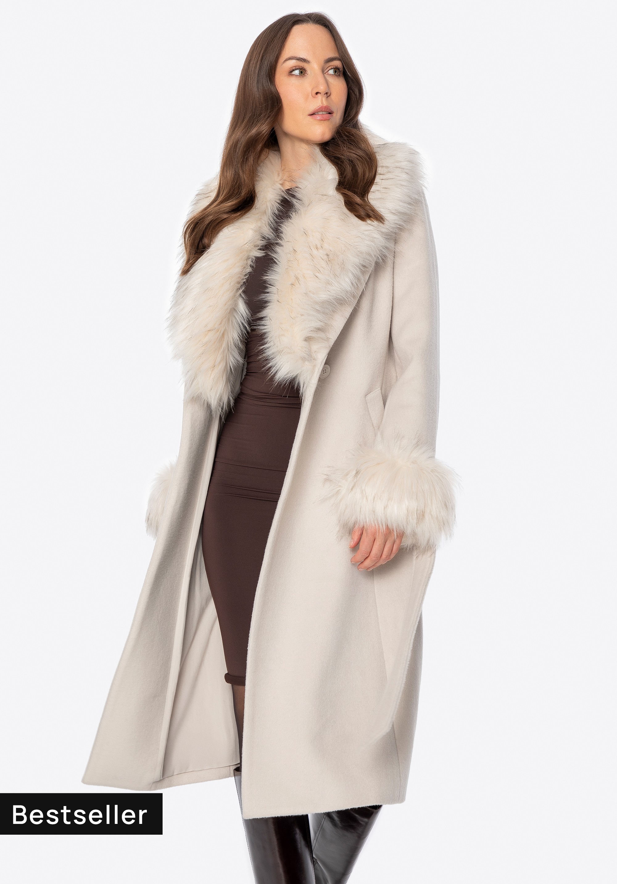 Damenmantel aus Wollmischung mit Kunstfelldetails, Creme, 101-9W-500-0-L, Bild 1