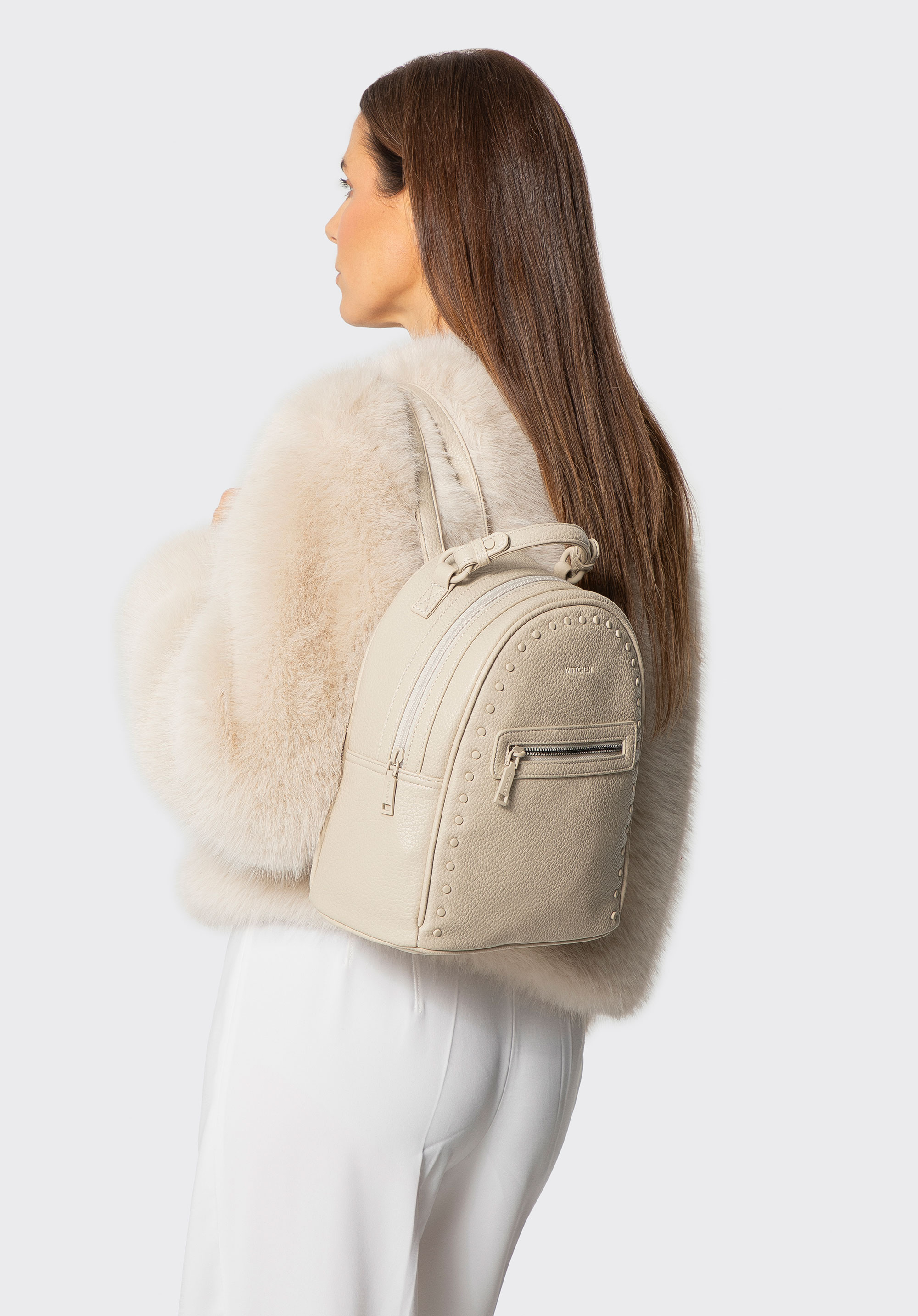 Damenrucksack aus Kunstleder mit Nieten, Creme, 101-4Y-700-0, Bild 1