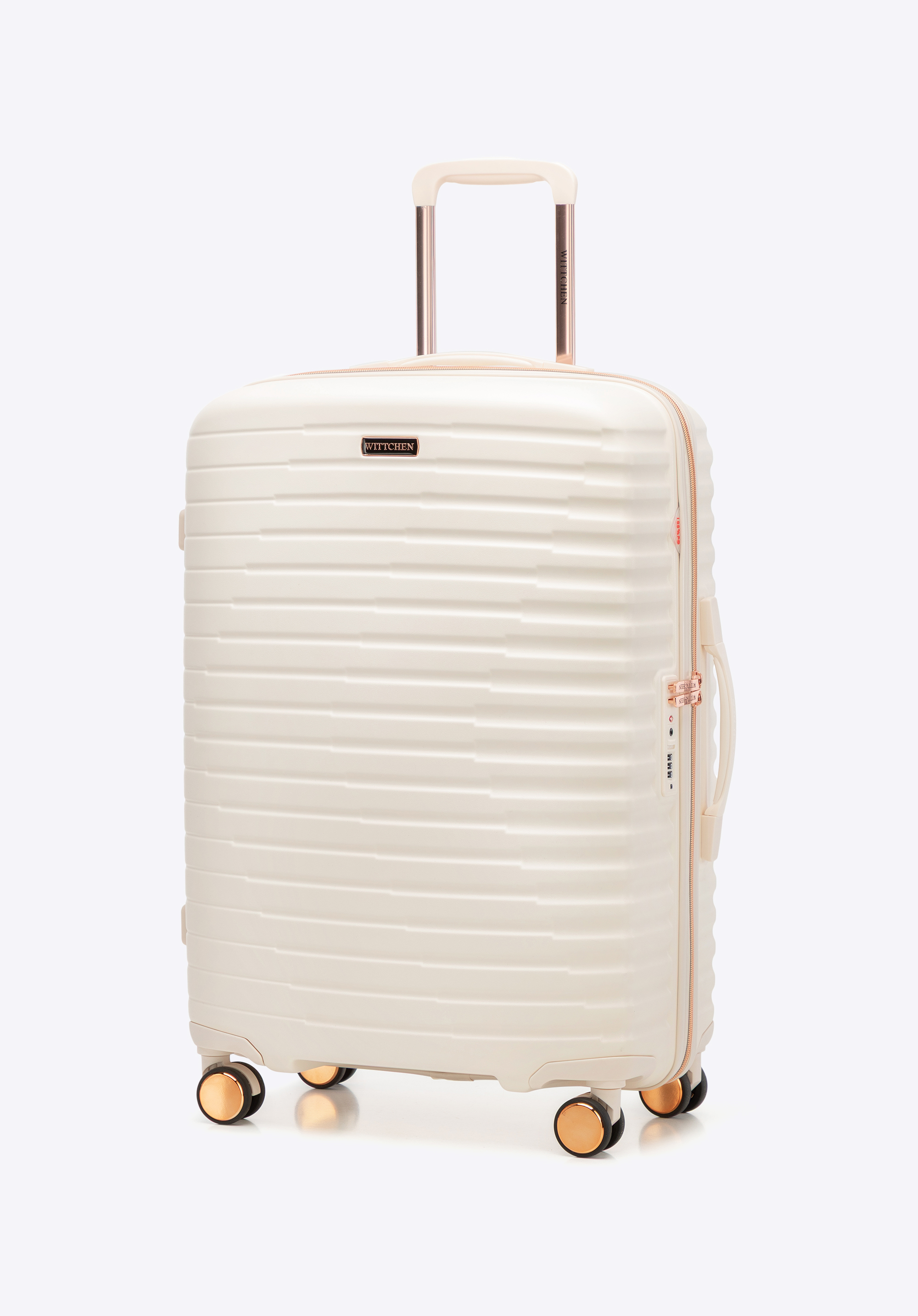 Mittelgroßer Koffer aus Polycarbonat mit horizontalen Rillen, creme-gold, 56-3P-612-88G, Bild 1