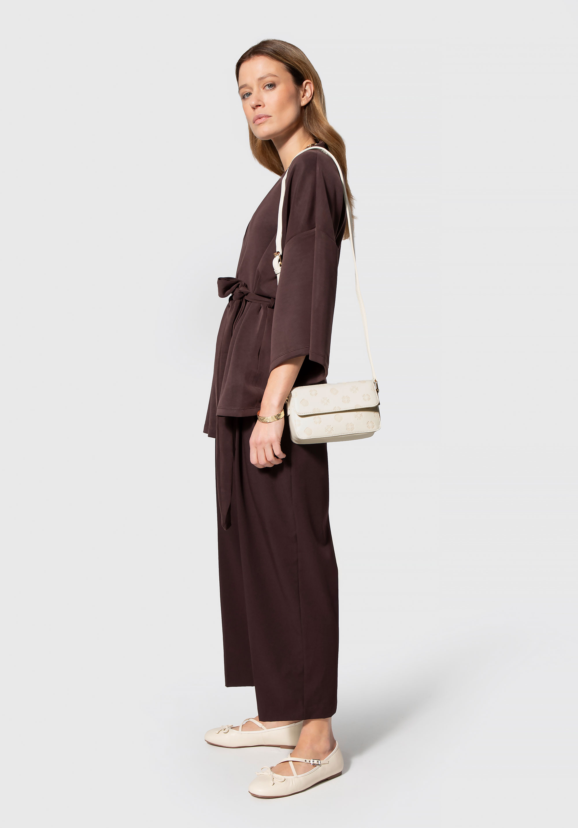 Kleine Umhängetasche aus geprägtem Kunstleder für Damen, Creme, 101-4Y-P07-0, Bild 1