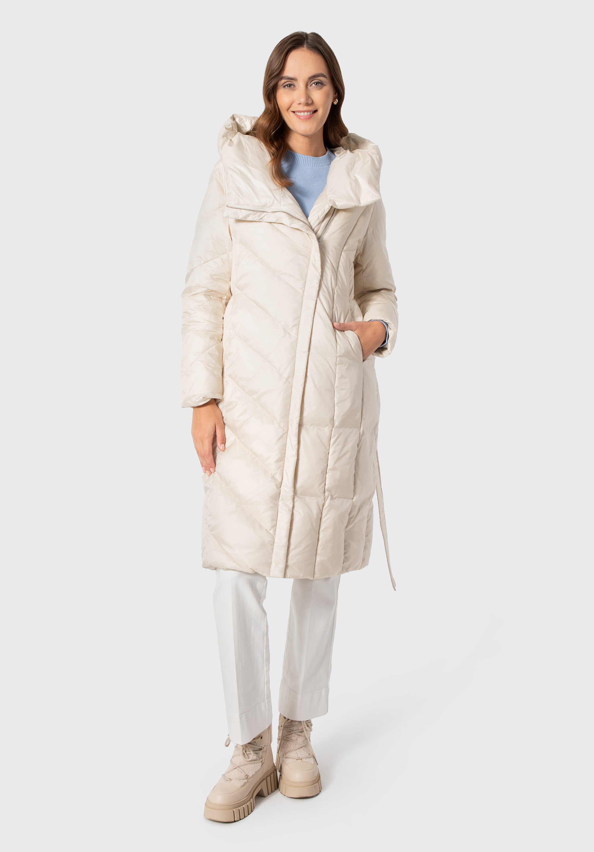 Langer Damen-Daunenmantel mit Gürtel und Kapuze, Creme, 103-9D-407-9-XL, Bild 1
