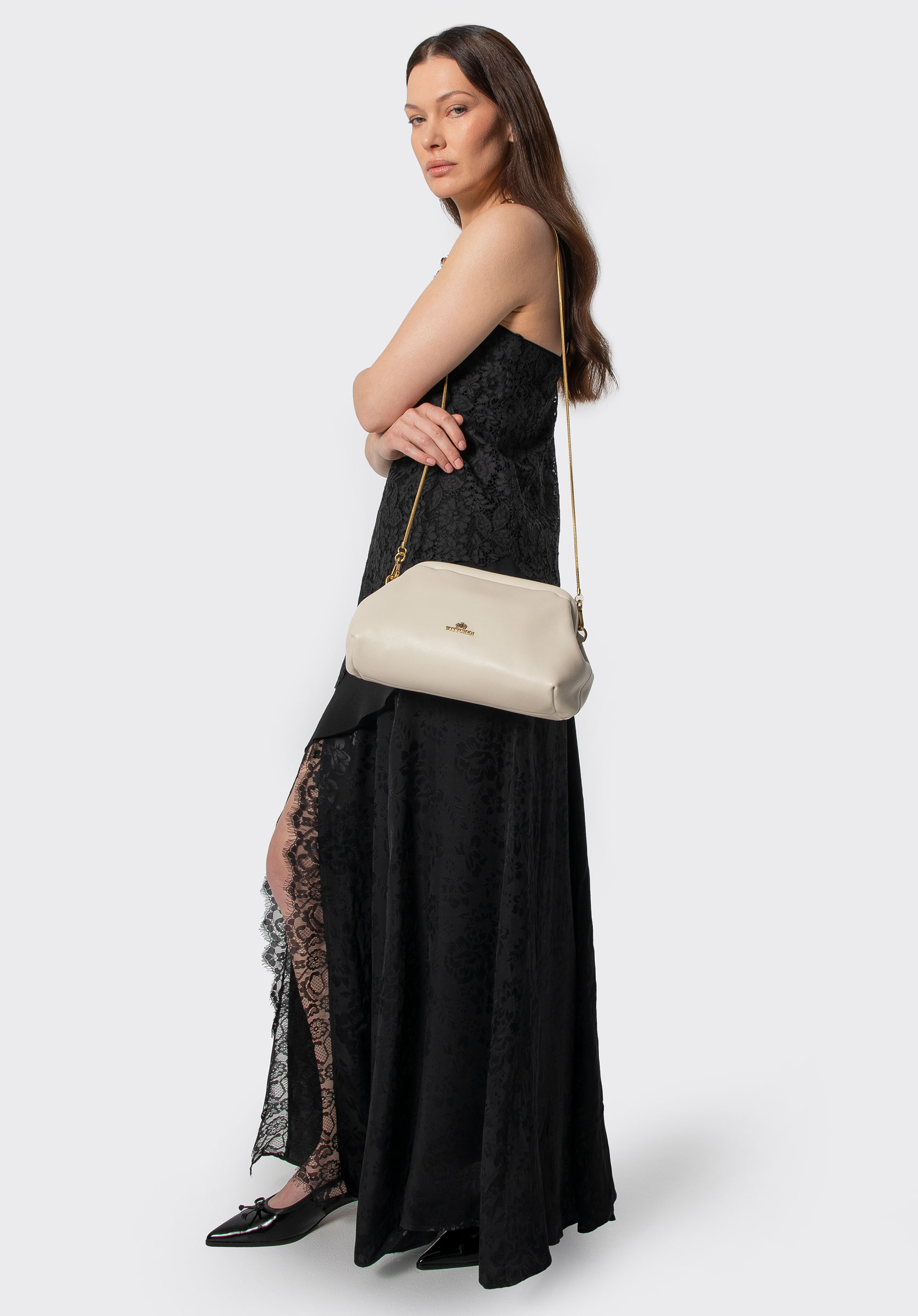 Lederclutch mit Kettenriemen, Creme, 102-4E-613-0, Bild 1