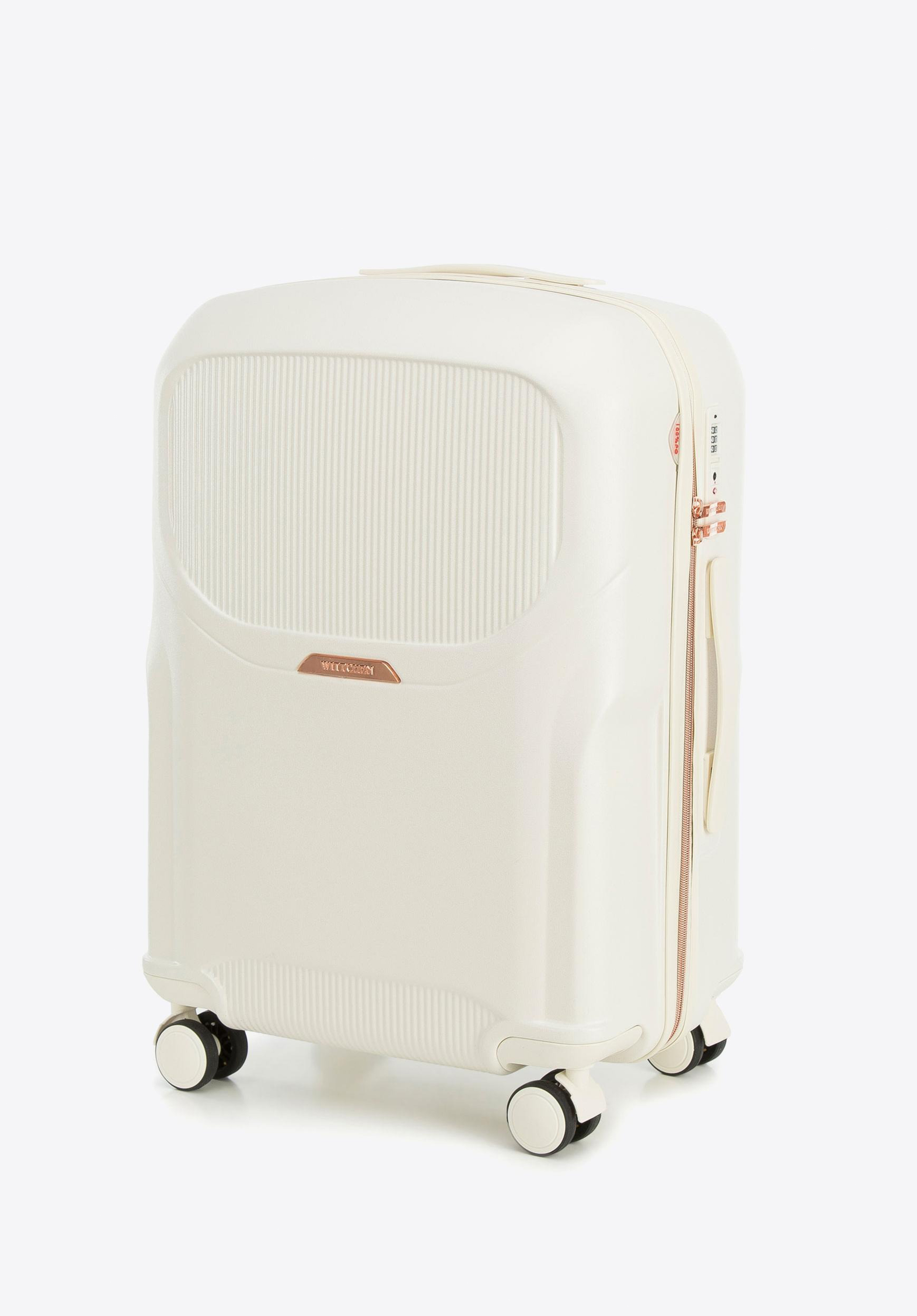 Mittelgroßer Koffer aus Polycarbonat mit roségoldenem Reißverschluss