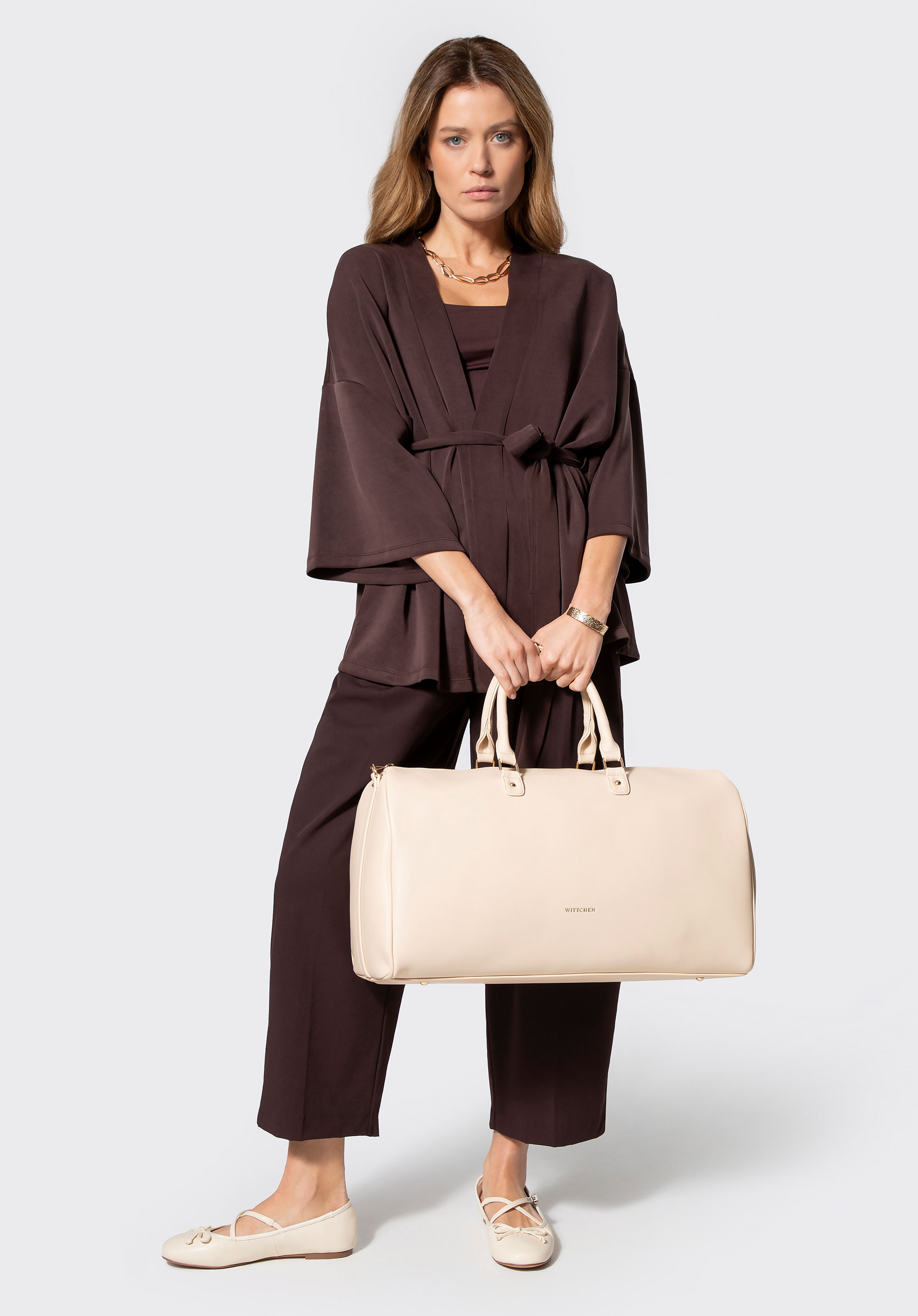 Reisetasche für Damen aus Kunstleder mit verstellbarem Riemen, Creme, 102-4Y-906-0, Bild 1