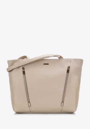 Shopper-Tasche aus Öko-Leder mit vertikalen Reißverschlüssen, hellbeige, 97-4Y-530-9, Bild 1