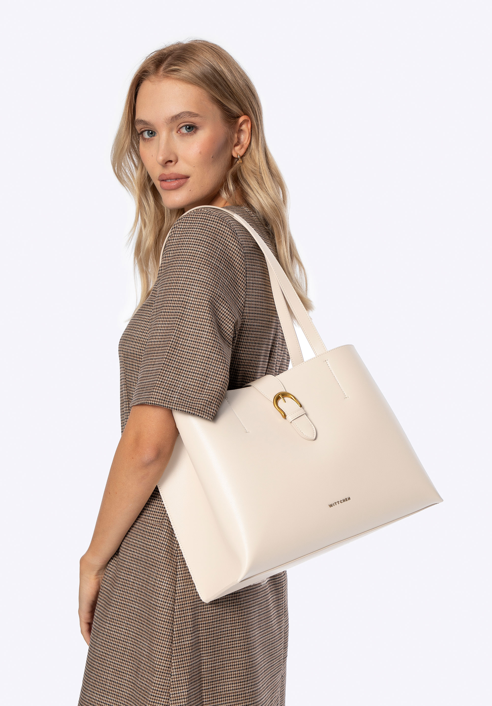 Shopper-Tasche aus Leder mit dekorativem Verschluss, Creme, 101-4E-600-9, Bild 1
