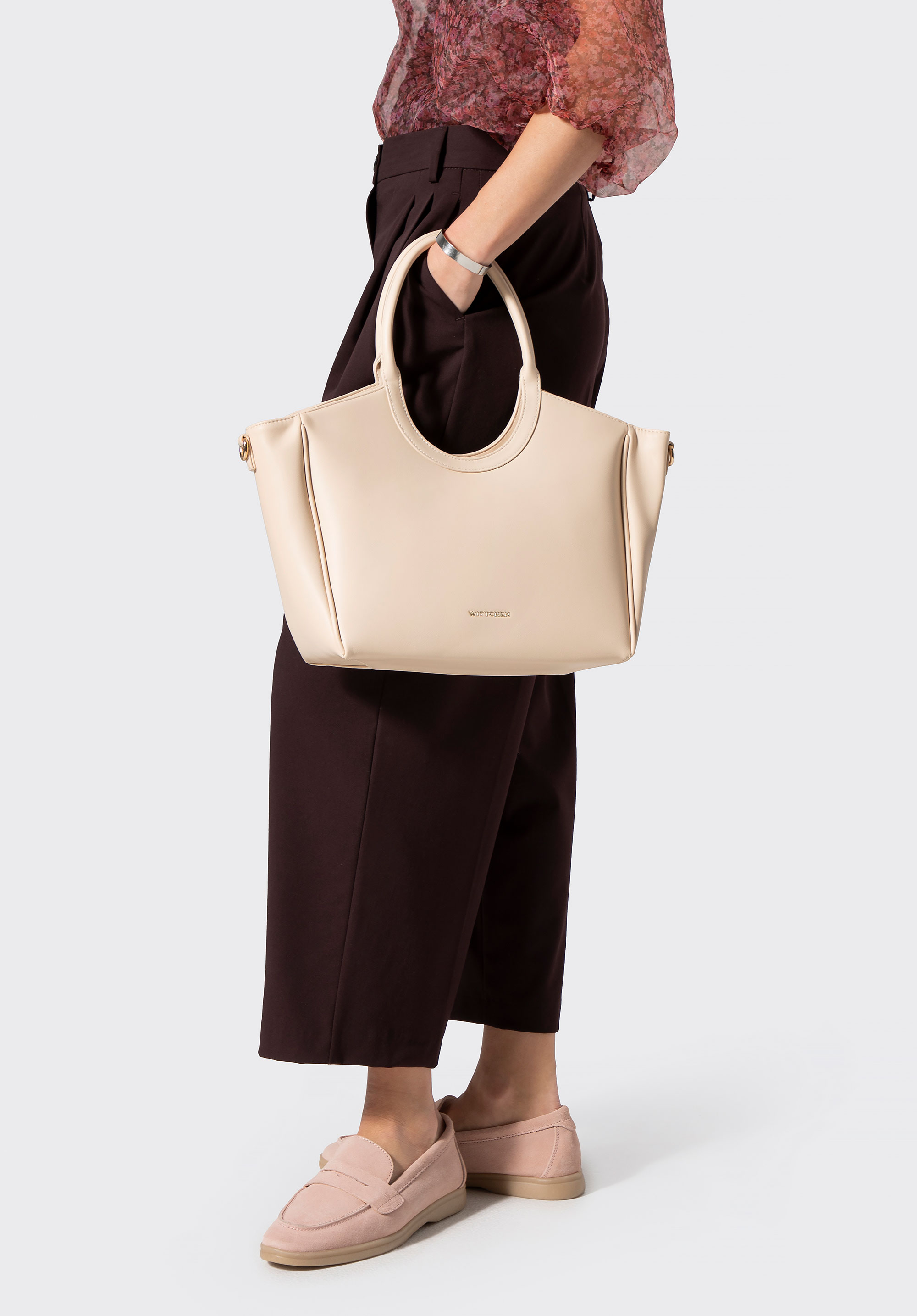 Shopper-Tasche für Damen aus Kunstleder mit runden Henkeln, Creme, 102-4Y-904-0, Bild 1