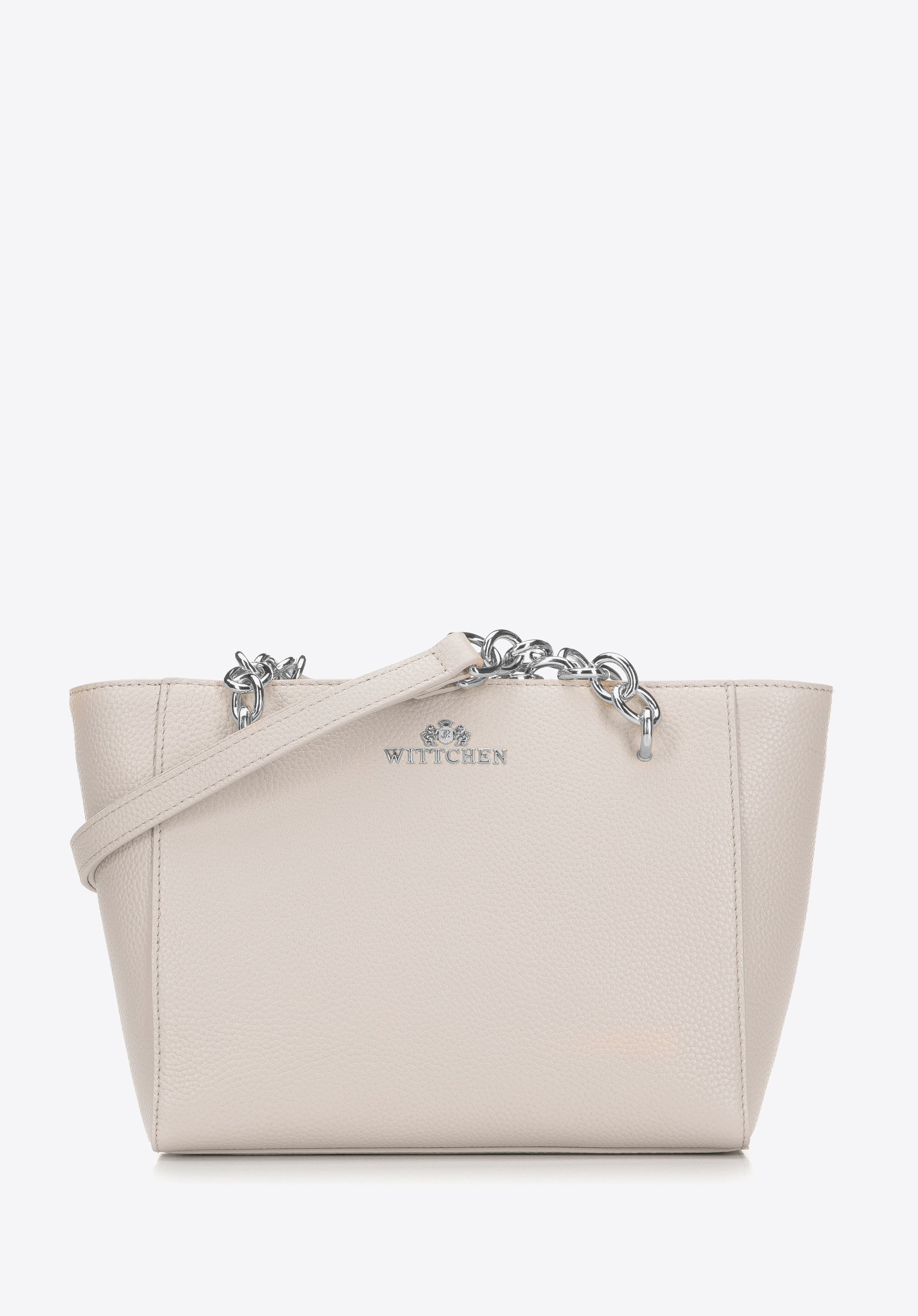 Kleine Shopper-Tasche aus Leder mit Kette, Creme-Silber, 98-4E-611-0S, Bild 1