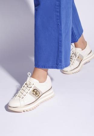 Sneakers für Damen aus Leder mit Plateau im Streifenmuster, Creme, 94-D-112-0-39_5, Bild 1