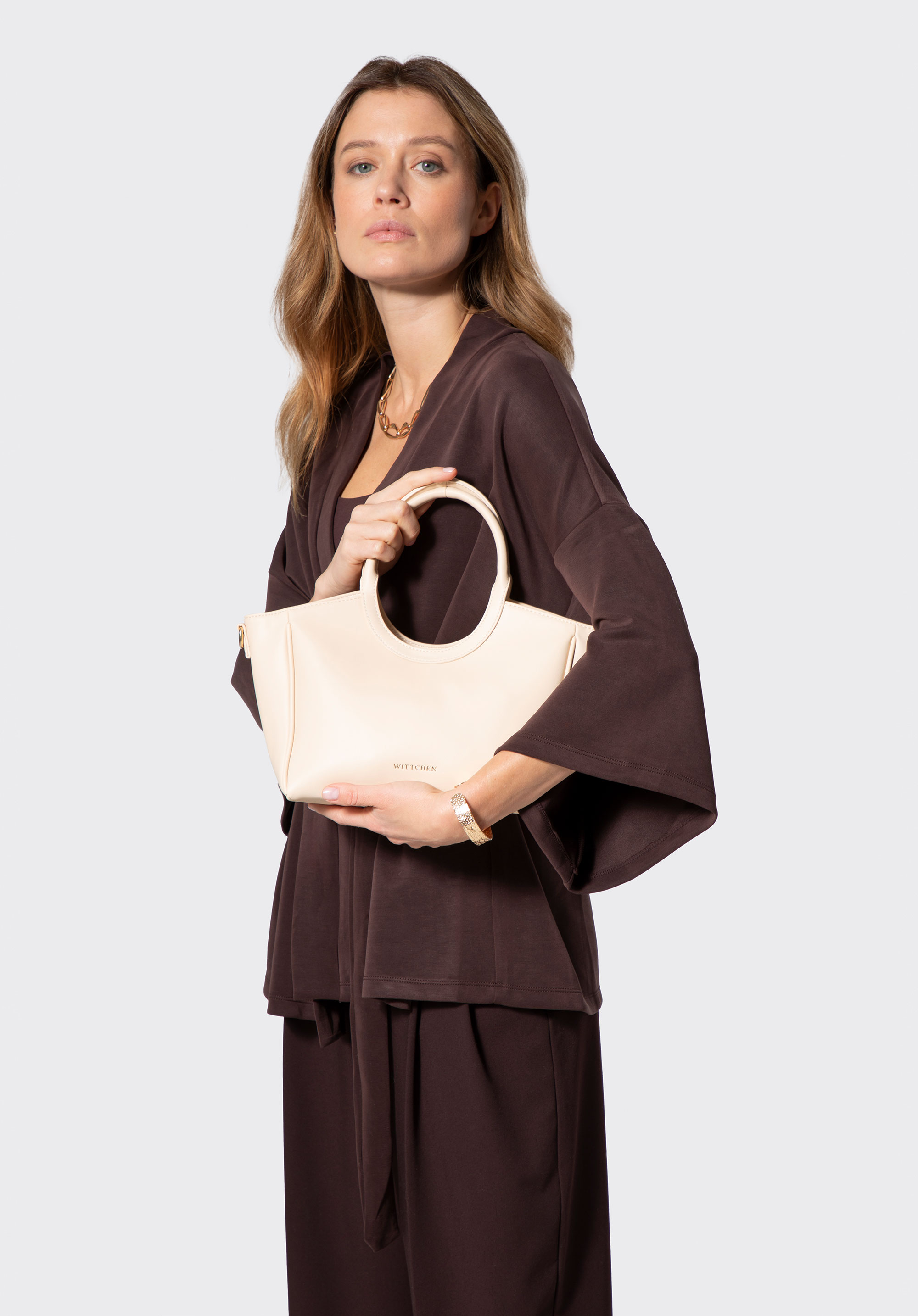 Tragetasche aus Kunstleder mit rundem Henkel für Damen, Creme, 102-4Y-905-0, Bild 1