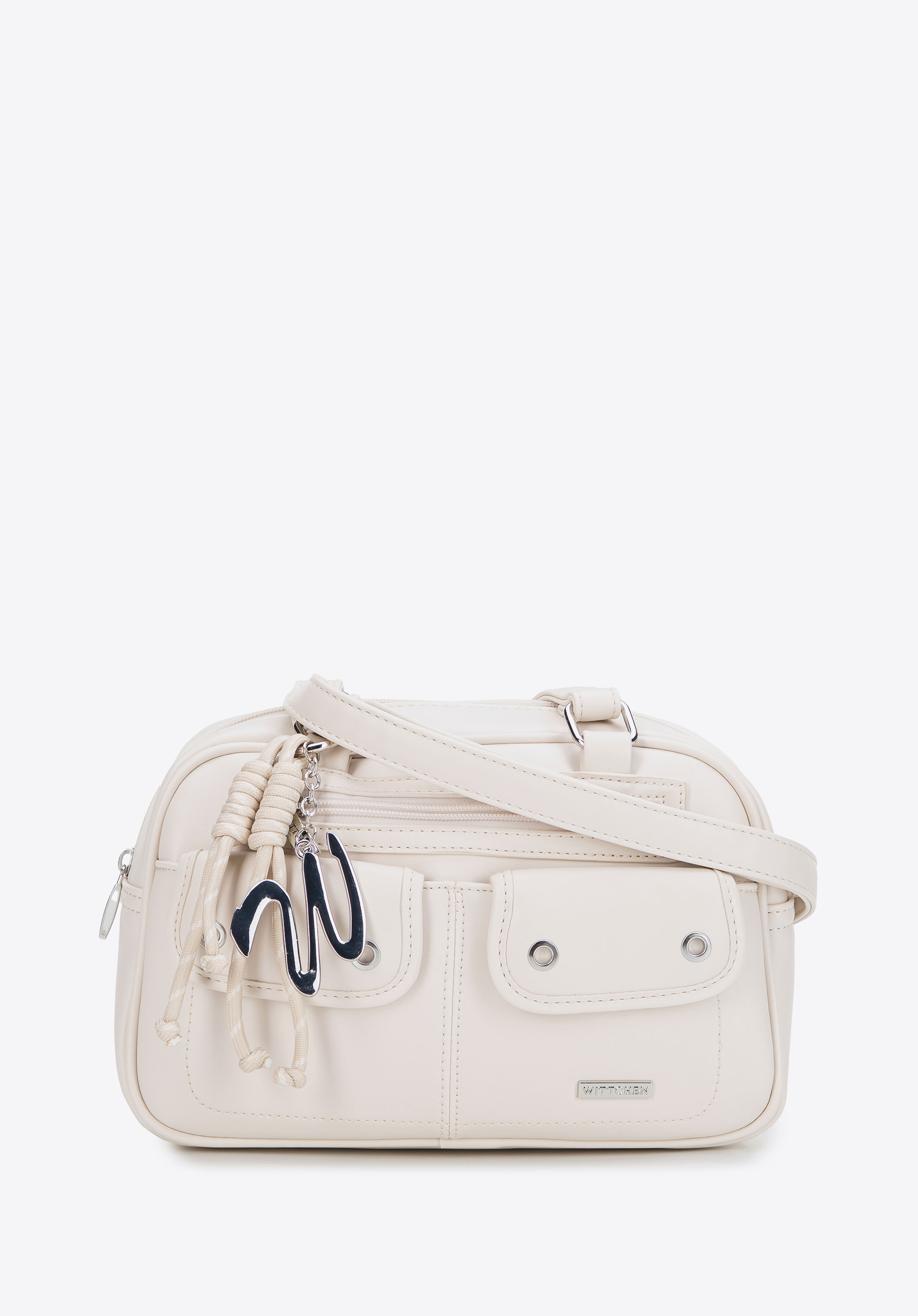 Umhängetasche aus Kunstleder mit Taschen, Creme, 101-4Y-407-9, Bild 1