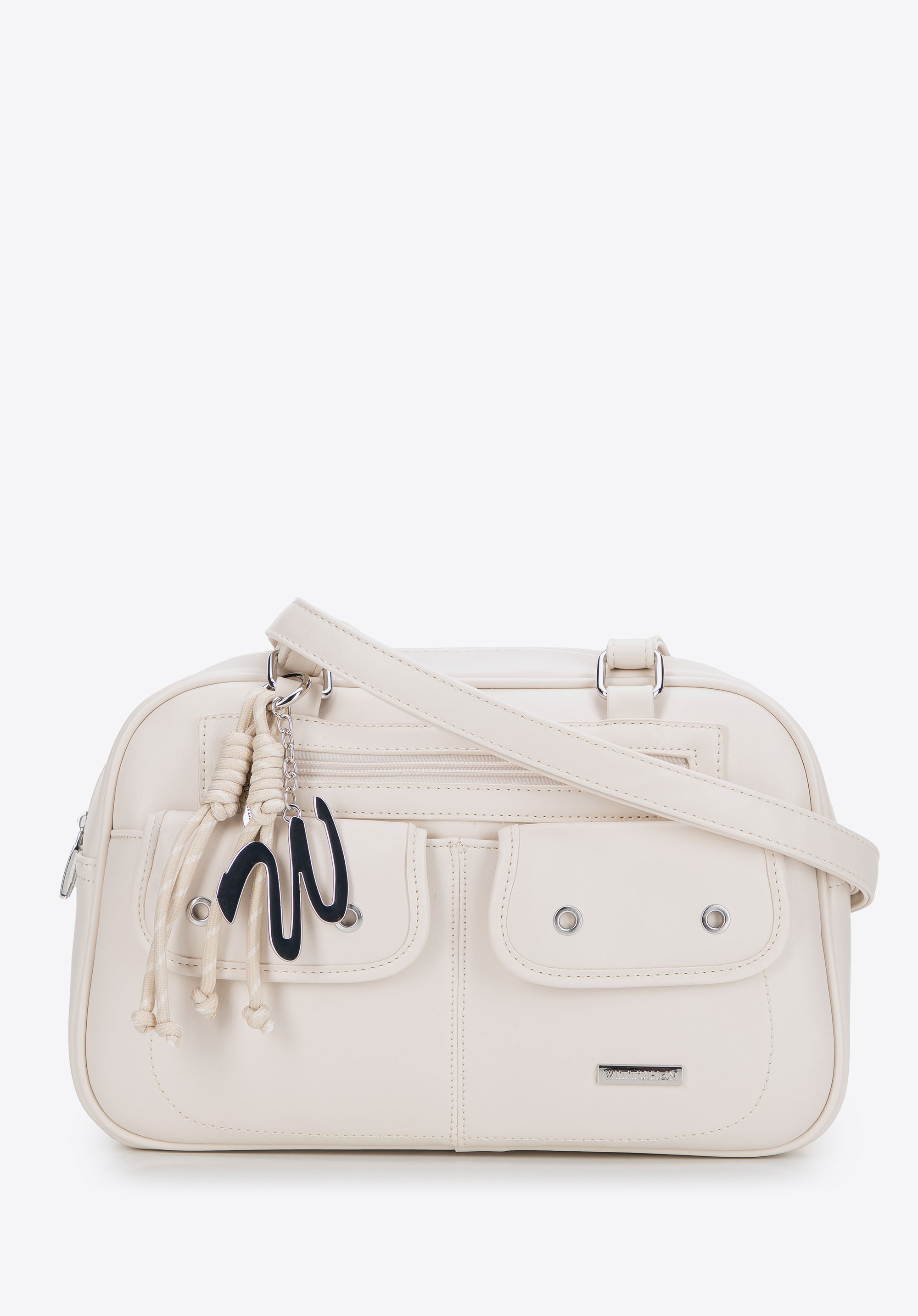 Umhängetasche aus Kunstleder mit Taschen, Creme, 101-4Y-408-9, Bild 1