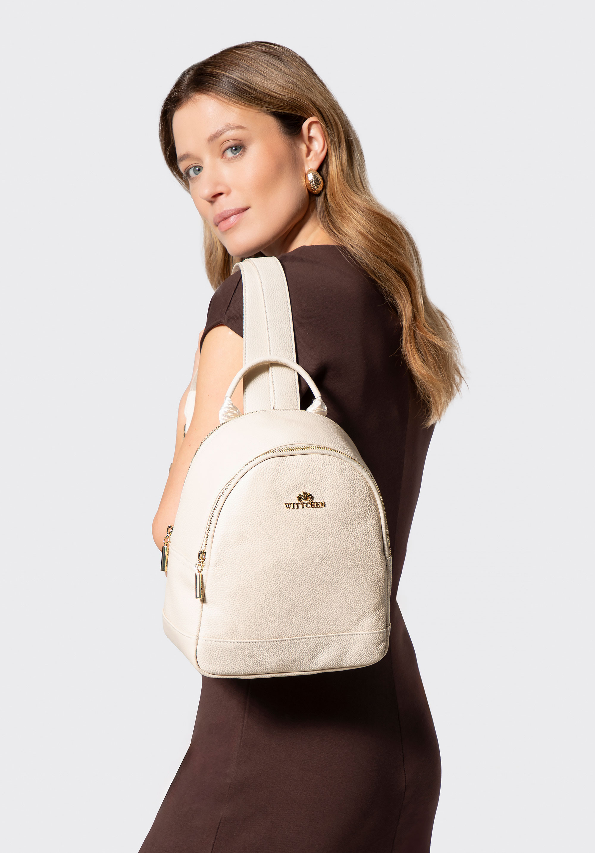 kleiner Damenrucksack aus genarbtem Leder, Creme, 102-4E-624-0, Bild 1