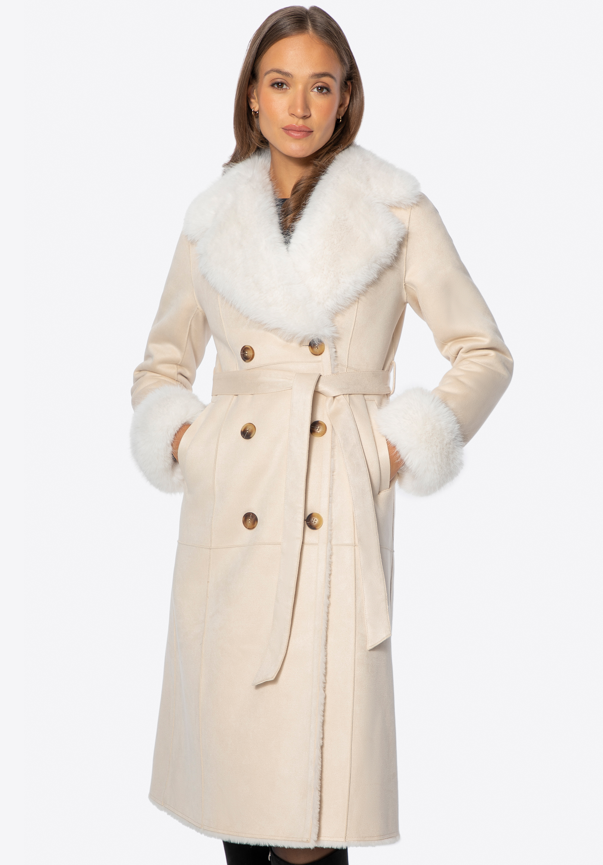 Zweireihiger Damenmantel mit Kunstpelzkragen, Creme, 101-9W-001-0-2XL, Bild 1