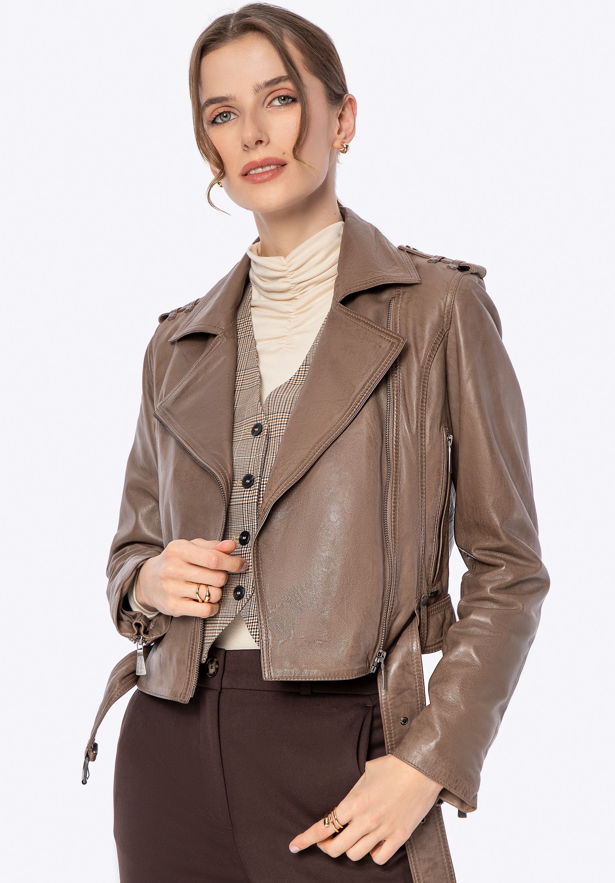 Damen Bikerjacke aus Leder, dunkelbeige, 100-09-806-9-M, Bild 1