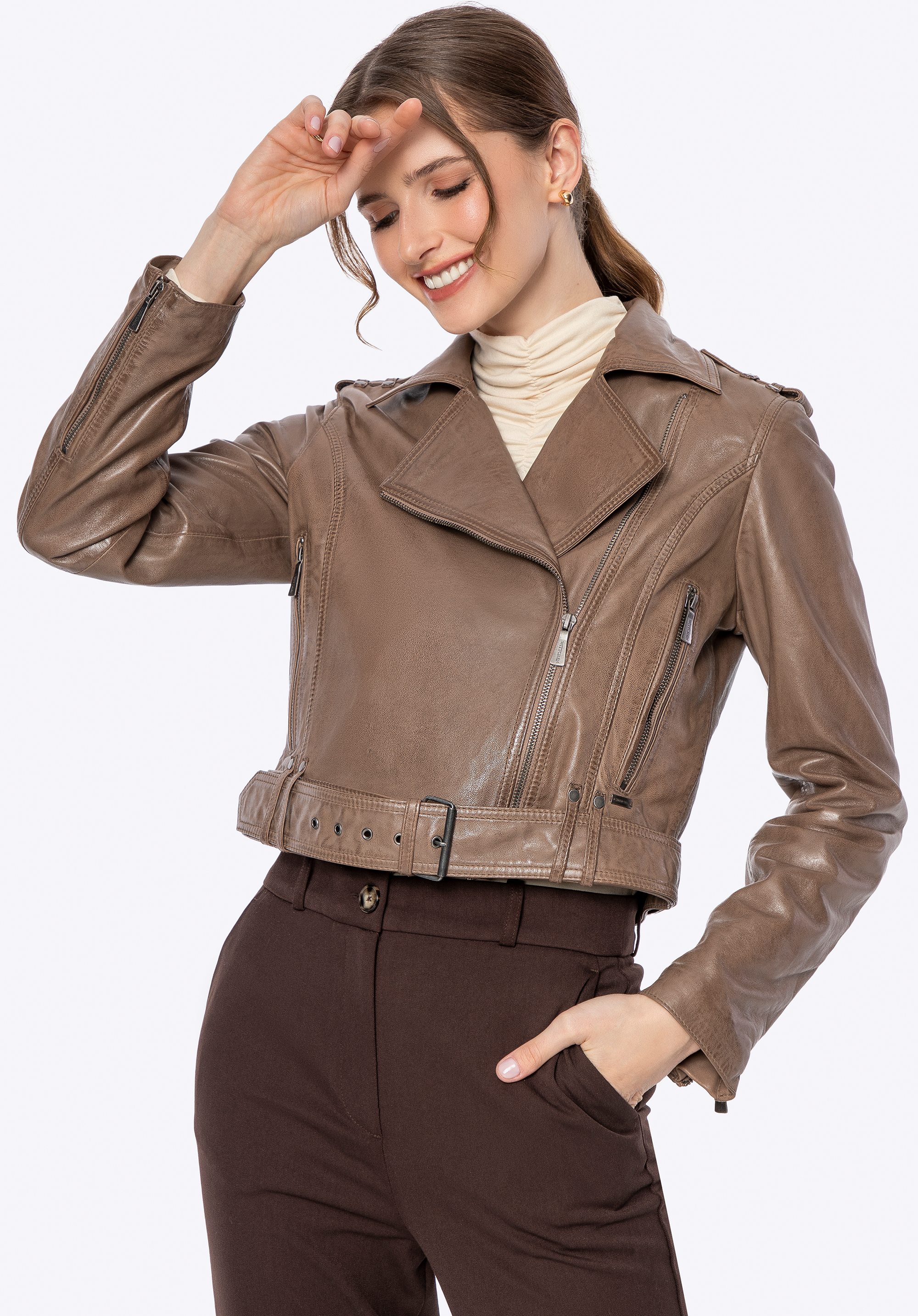 Damen Bikerjacke aus Leder, dunkelbeige, 100-09-806-9-M, Bild 1