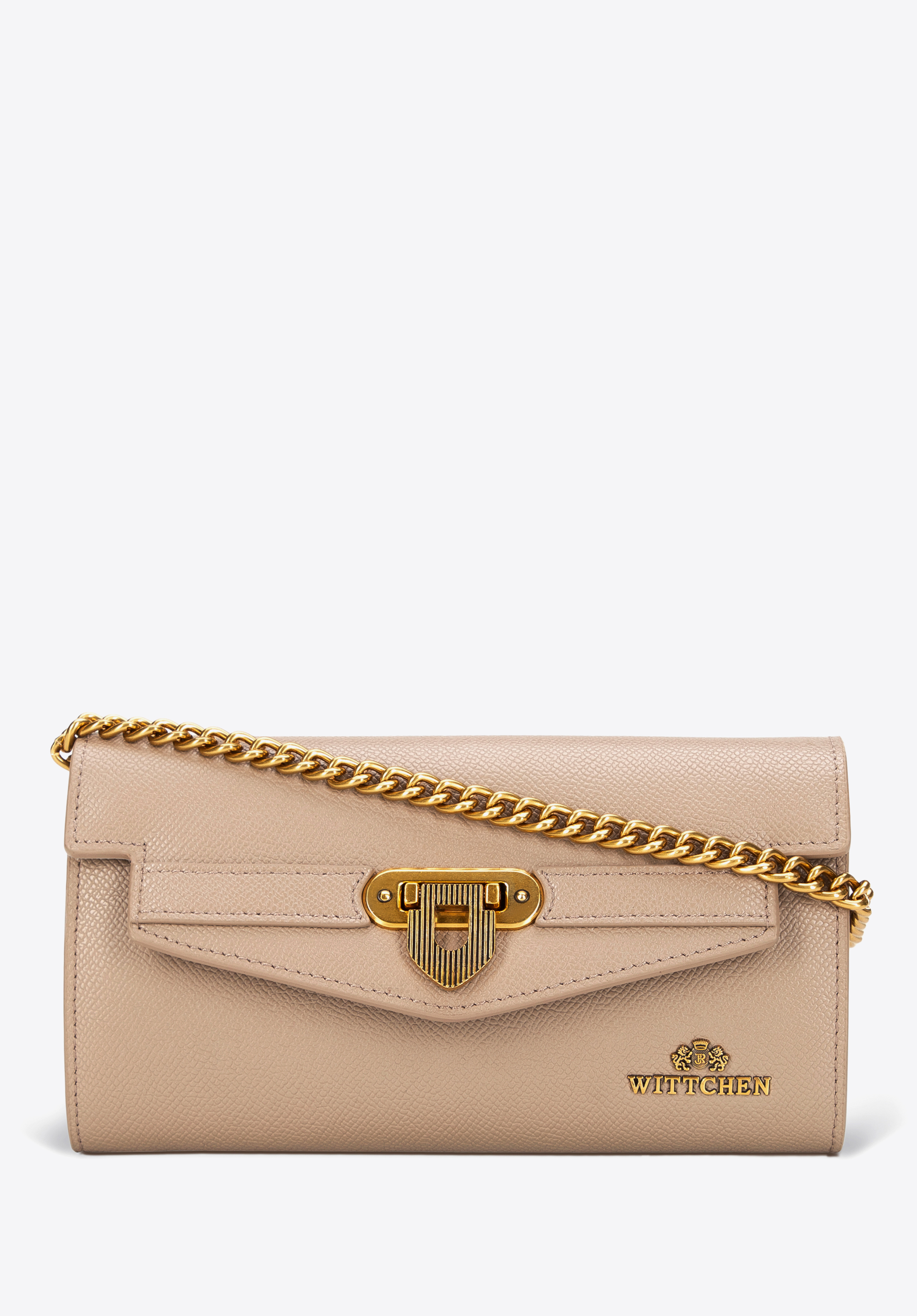 Damen Leder Clutch mit Ketten-Schulterriemen, dunkelbeige, 101-4E-216-99, Bild 1