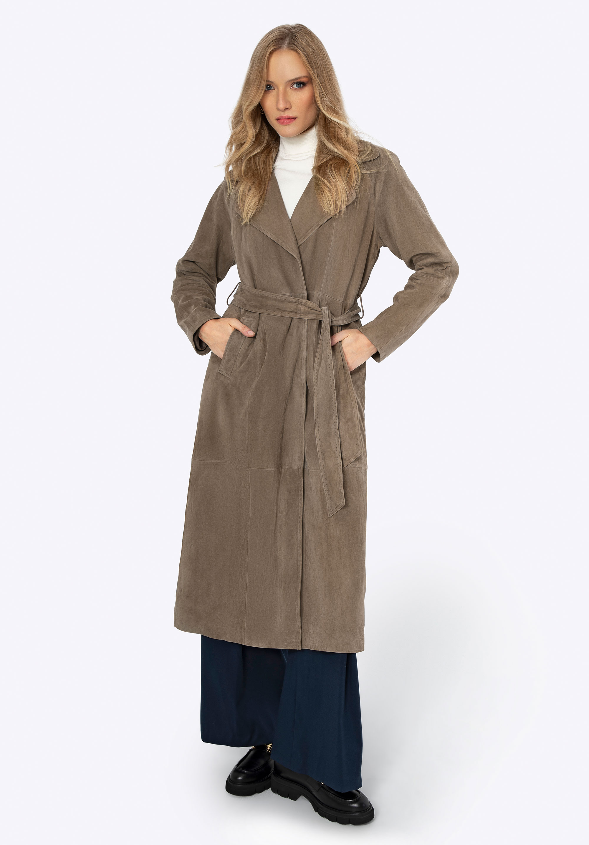Damenmantel aus Wildleder mit Gürtel, dunkelbeige, 99-09-808-9-L, Bild 1