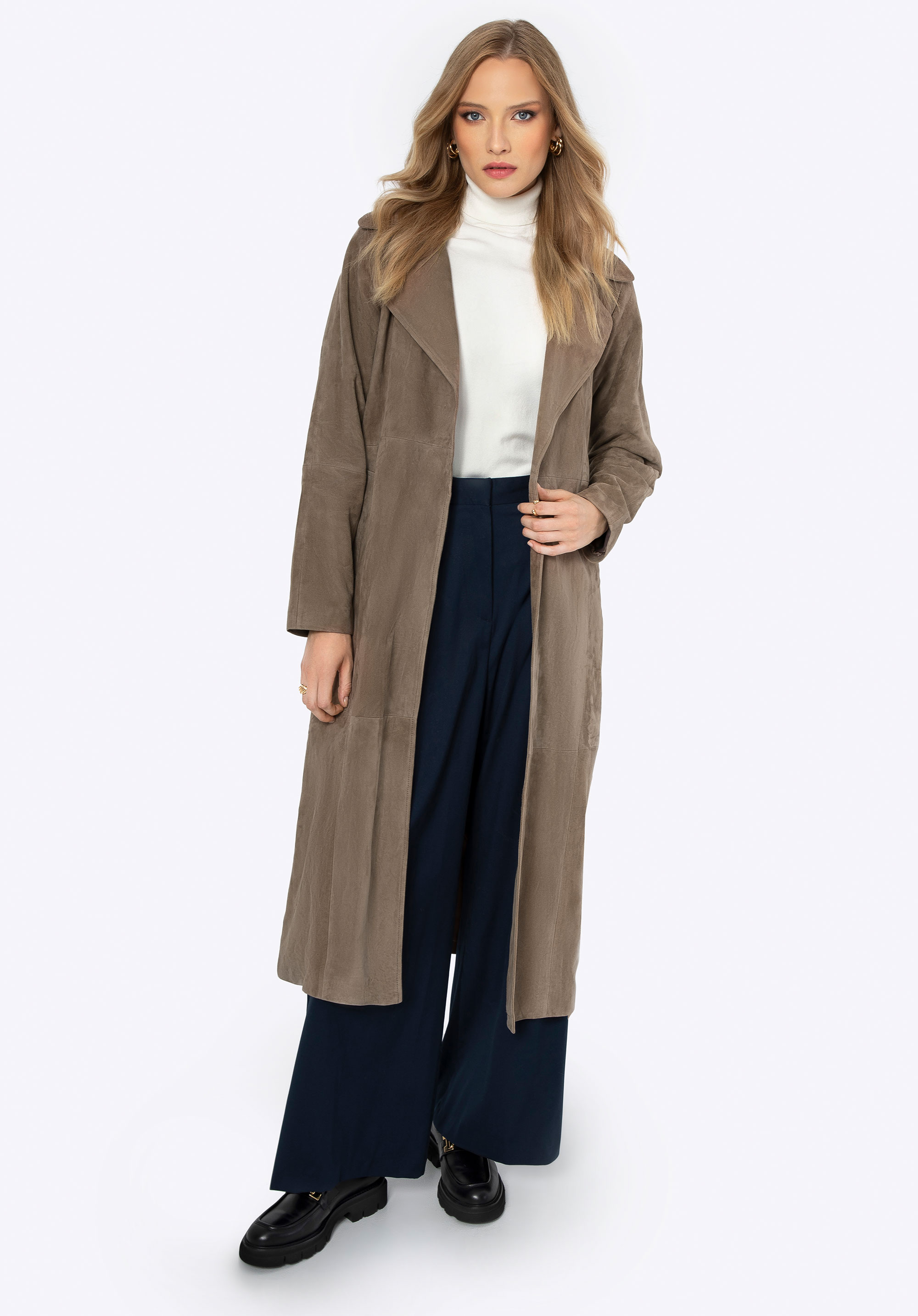 Damenmantel aus Wildleder mit Gürtel, dunkelbeige, 99-09-808-9-L, Bild 1