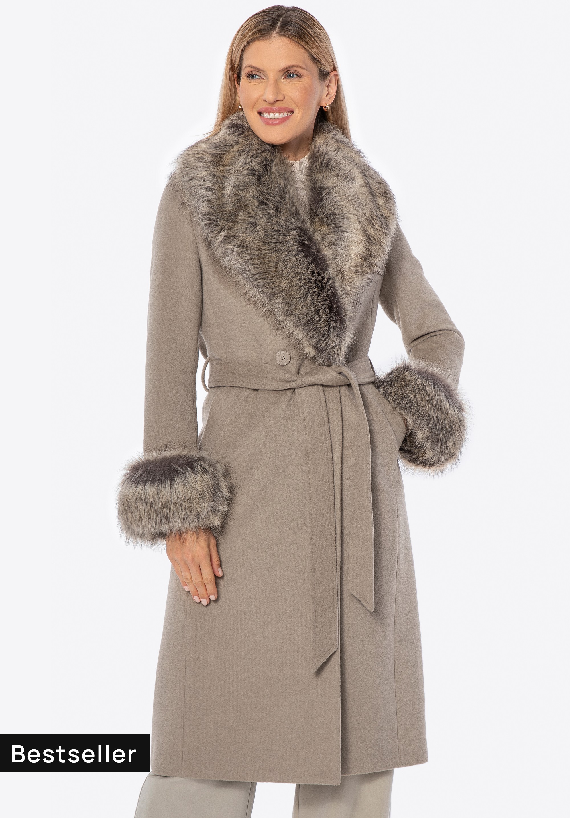 Damenmantel aus Wollmischung mit Kunstfelldetails, dunkelbeige, 101-9W-500-9-2XL, Bild 1