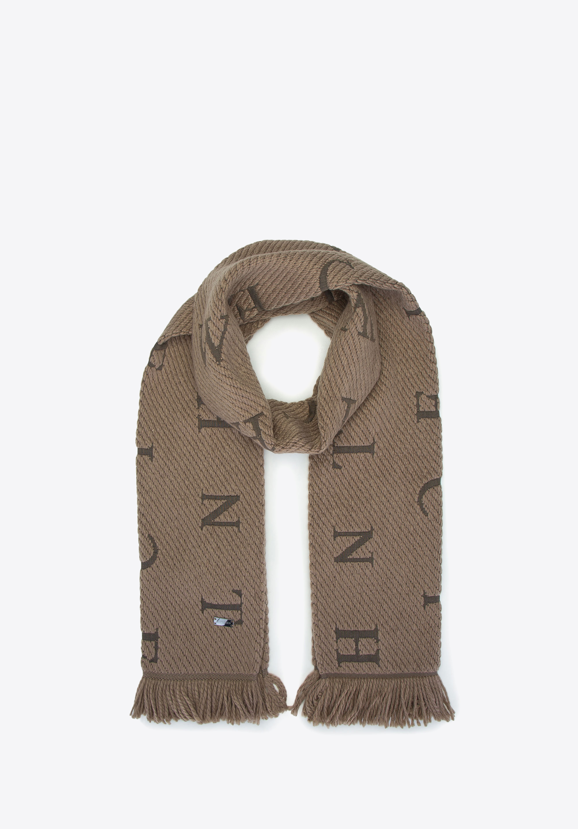 Damenschal mit gestickten Buchstaben, dunkelbeige, 93-7F-007-5, Bild 1