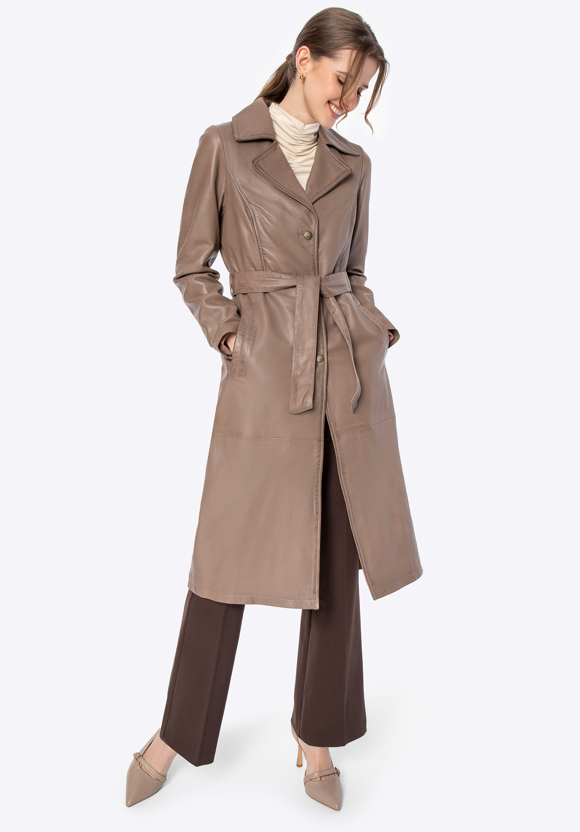 Langer Damen Ledermantel, dunkelbeige, 100-09-405-9-XL, Bild 1