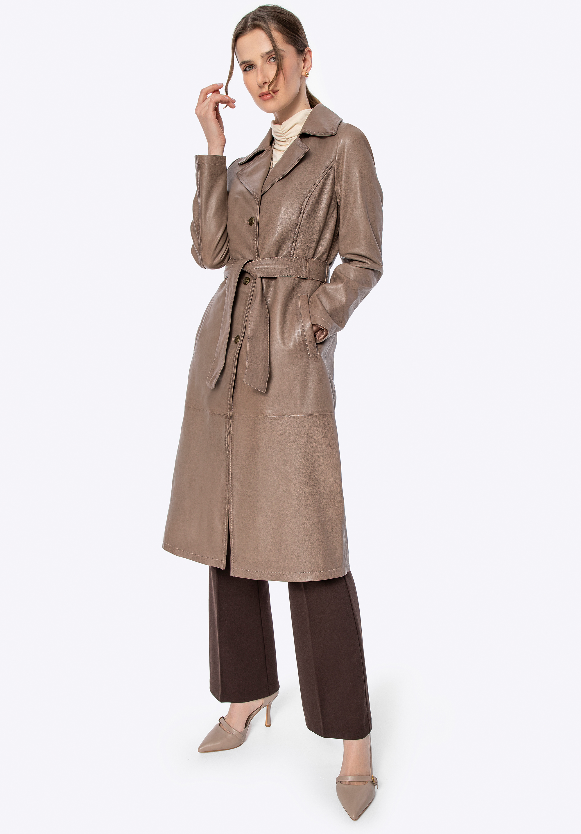 Langer Damen Ledermantel, dunkelbeige, 100-09-405-9-XL, Bild 1