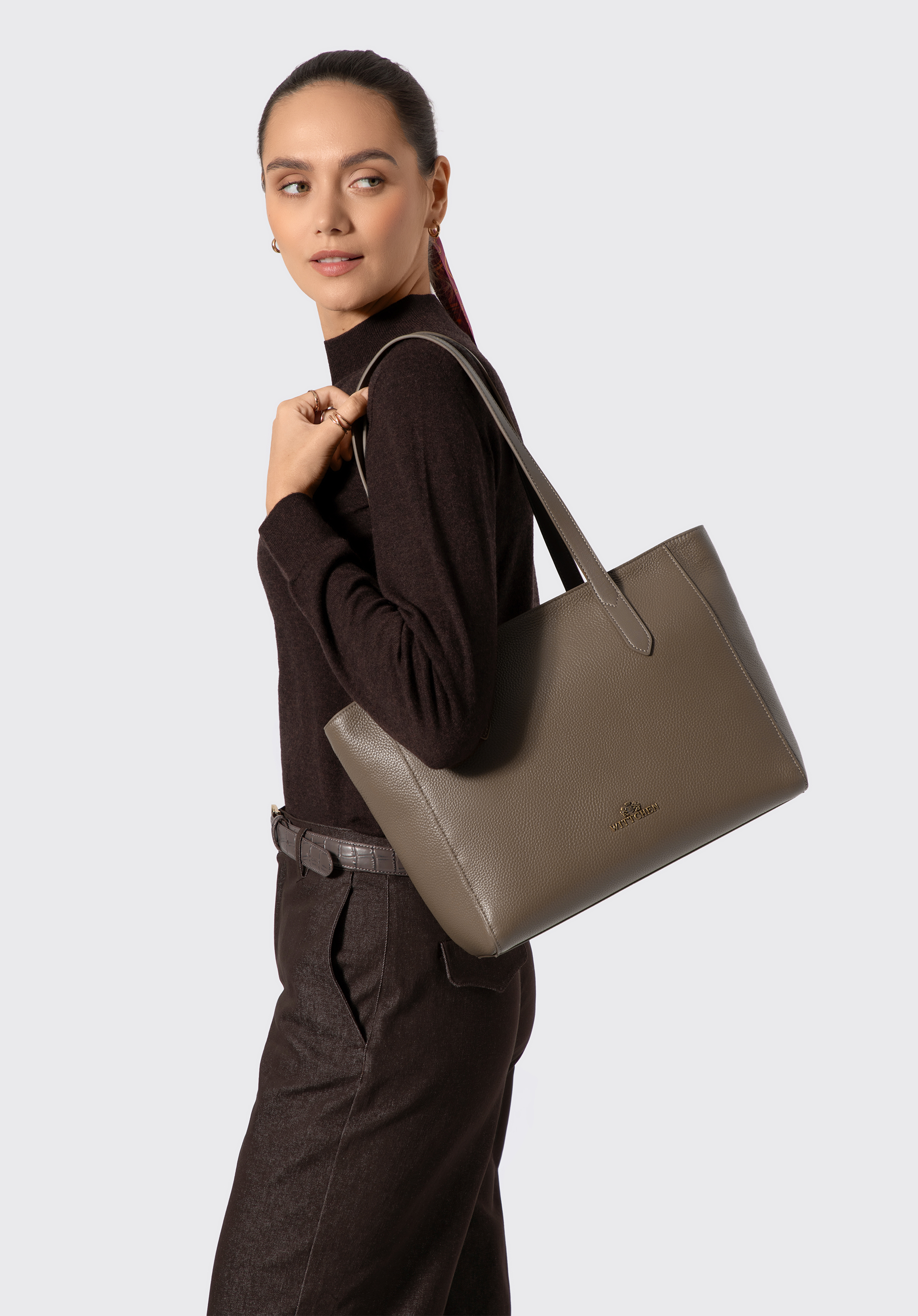 Leder-Einkaufstasche für Damen mit langen Henkeln, dunkelbeige, 103-4E-629-9, Bild 1