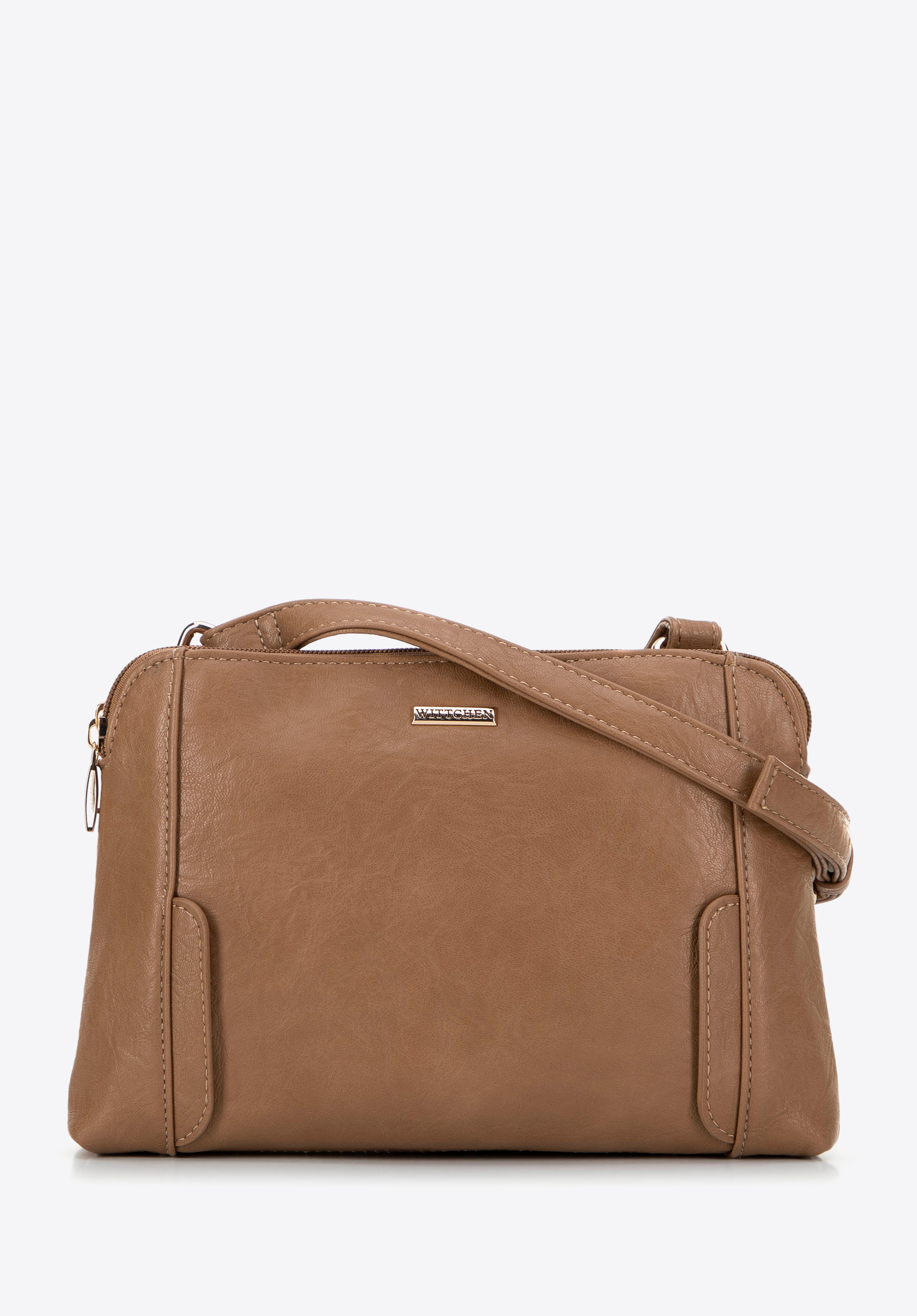 Umhängetasche aus Kunstleder mit zwei Fächern für Damen, dunkelbeige, 99-4Y-631-9, Bild 1
