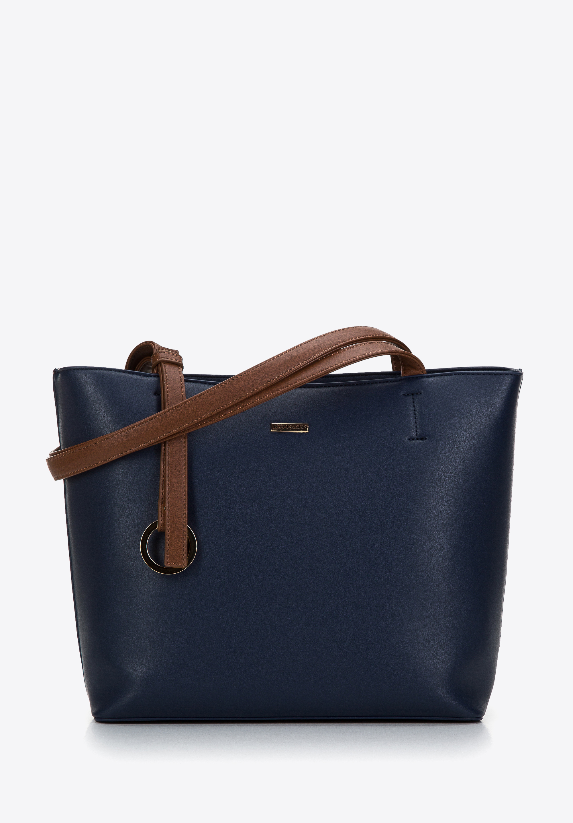 Shopper-Tasche aus Öko-Leder mit dekorativem Ring, dunkelblau-braun, 97-4Y-629-N, Bild 1