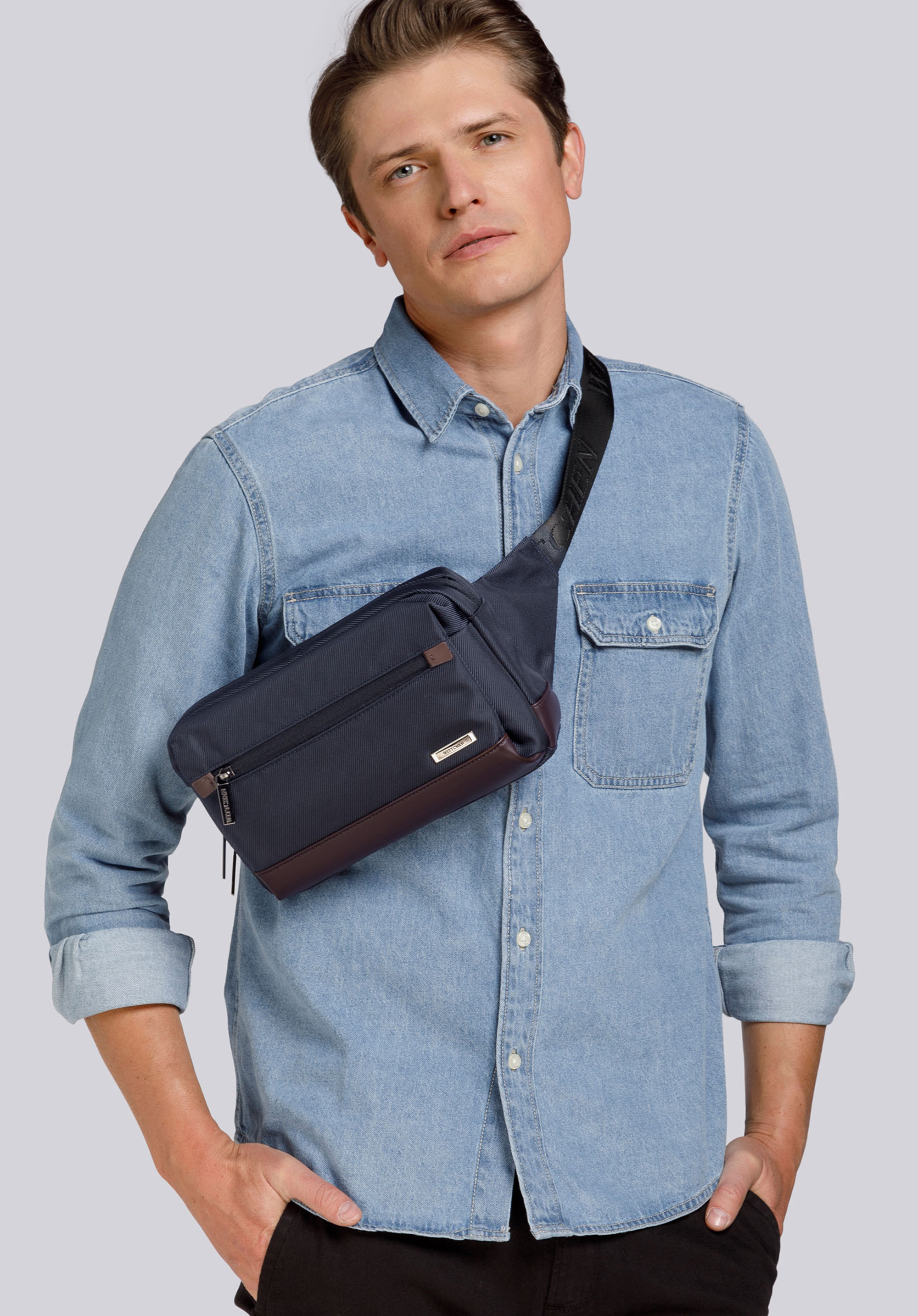 Umhängetasche für Herren aus Leder und aus Stoff, dunkelblau-braun, 93-3U-906-17, Bild 1