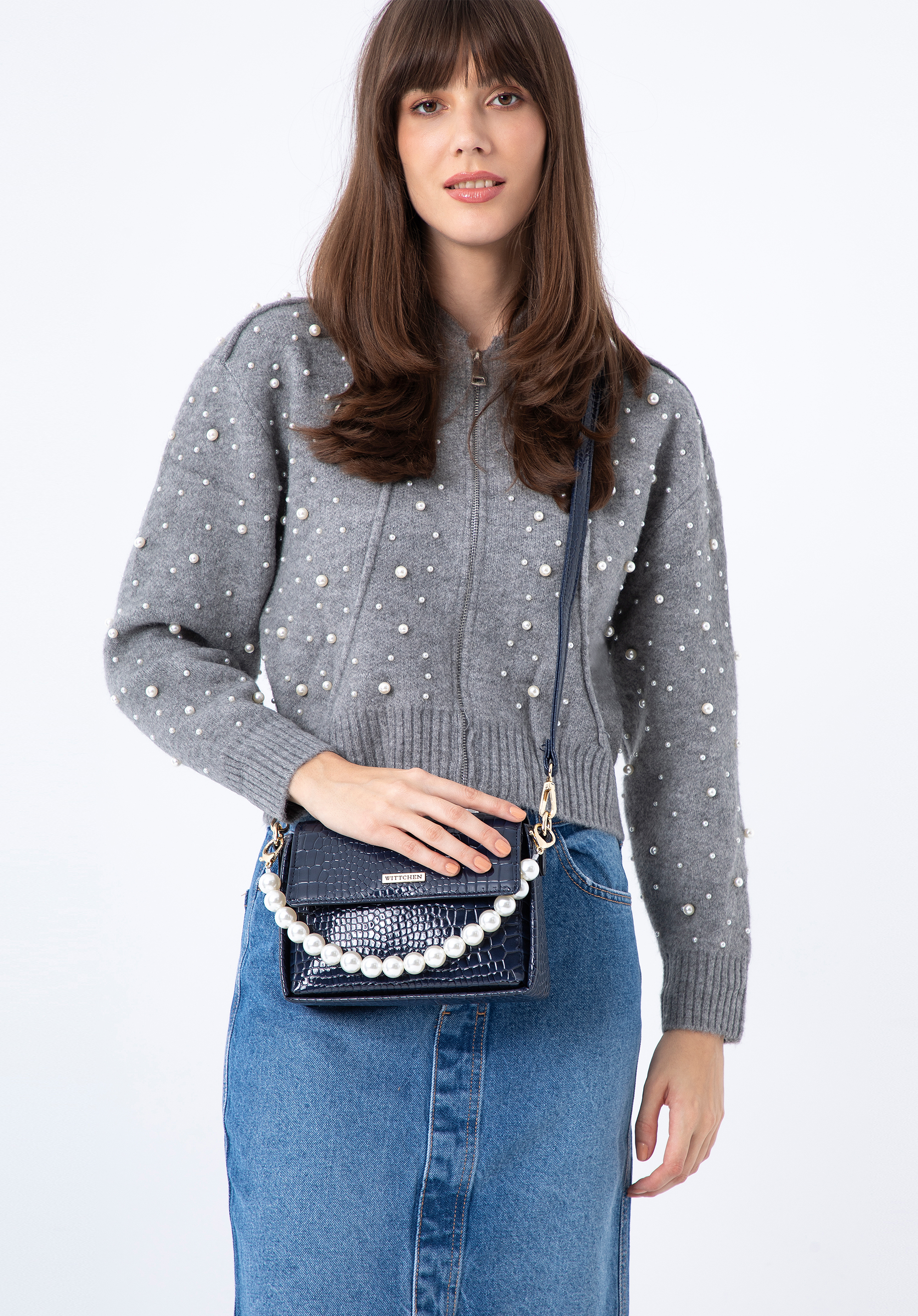Kleine Damen-Handtasche Perlenhenkel