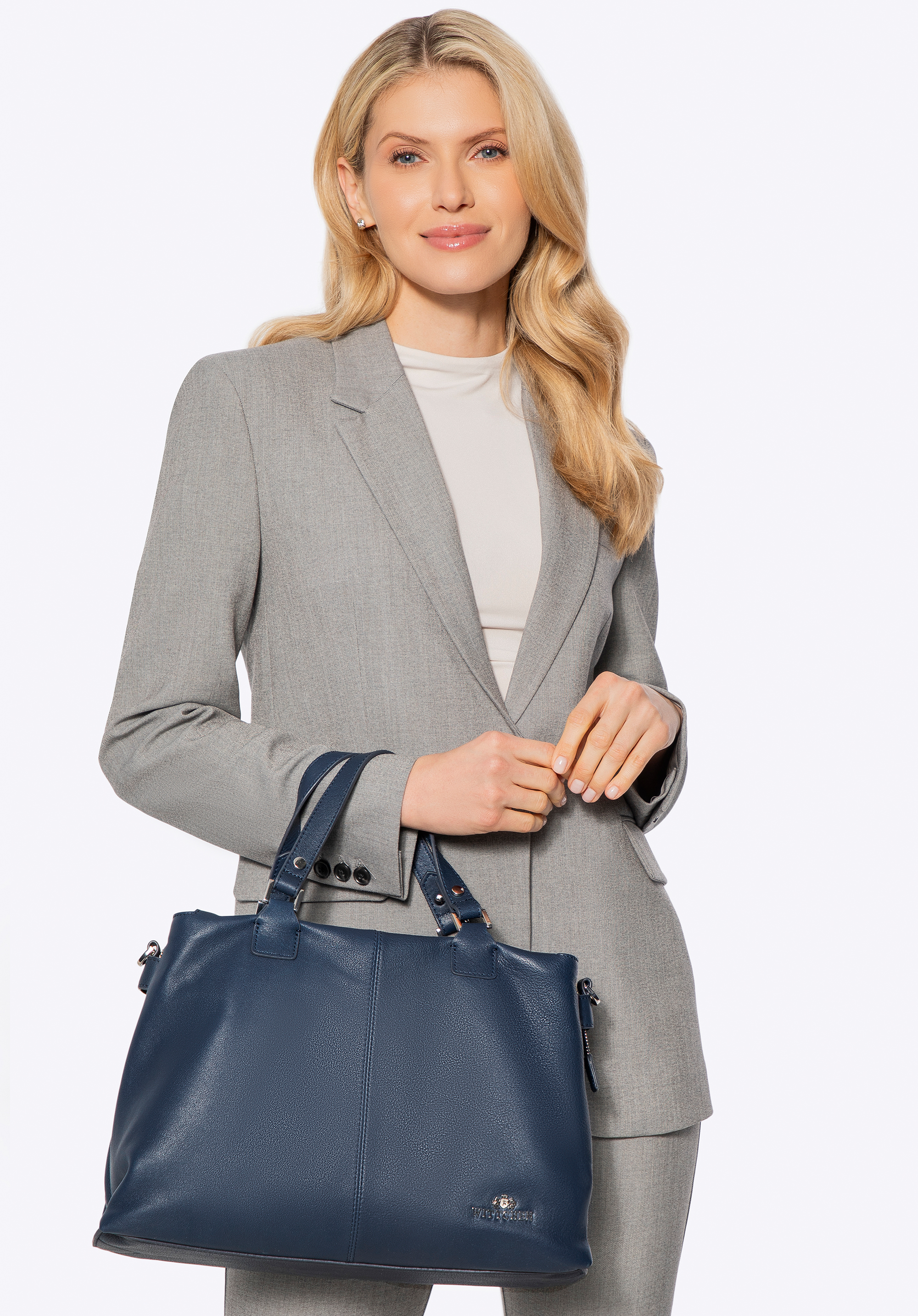 Damen Leder Shopper mit zwei Fächern, dunkelblau, 100-4E-804-7, Bild 1