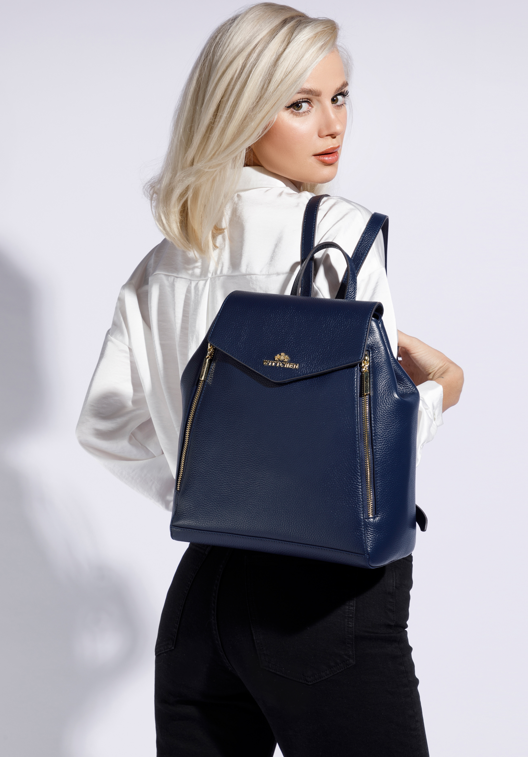 Damenrucksack aus Leder mit vertikalen Reißverschlüssen, dunkelblau, 96-4E-626-7, Bild 1