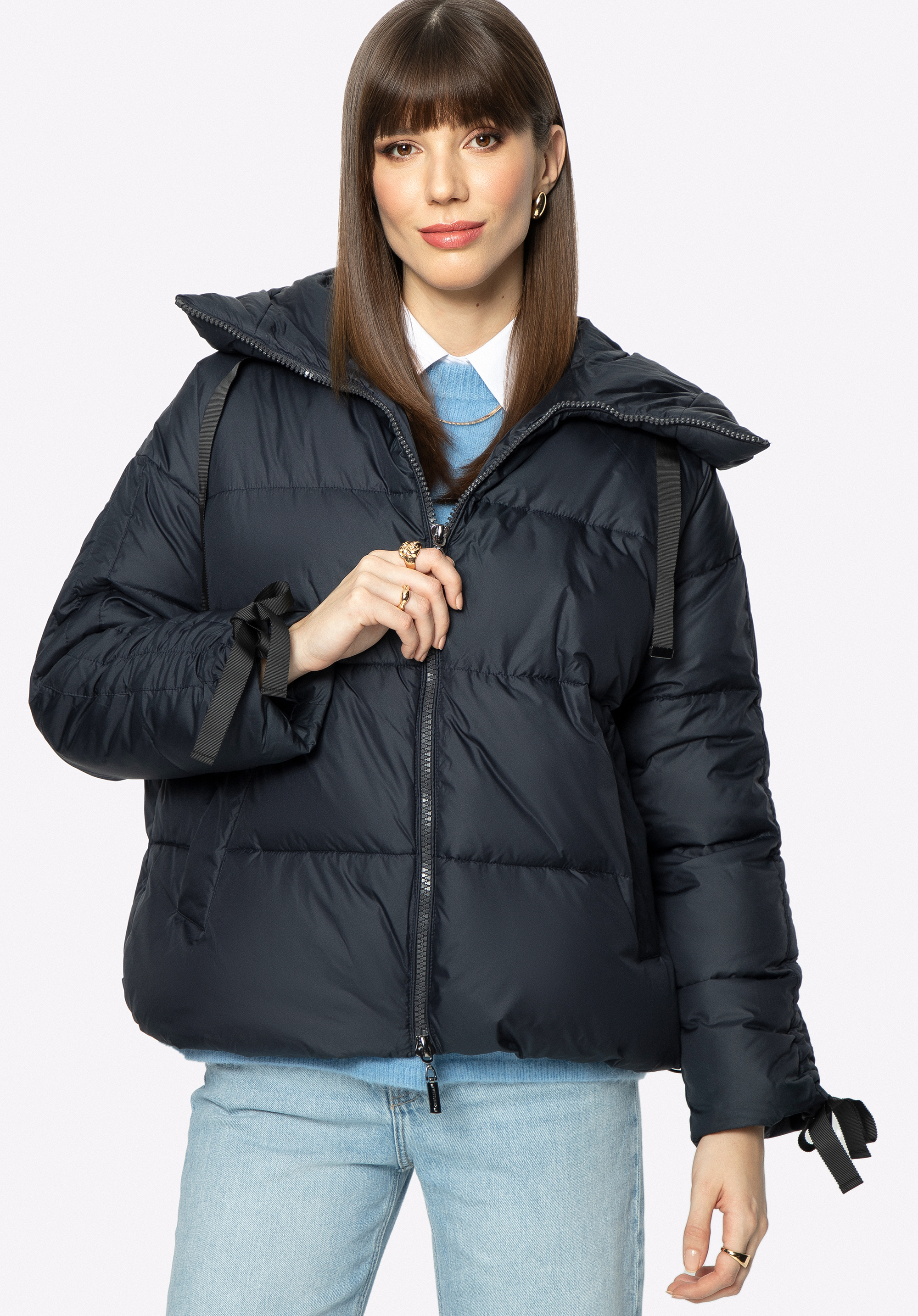 Steppjacke für Damen mit Strickbündchen an den Ärmeln - Oversize, dunkelblau, 97-9D-401-N-S, Bild 1