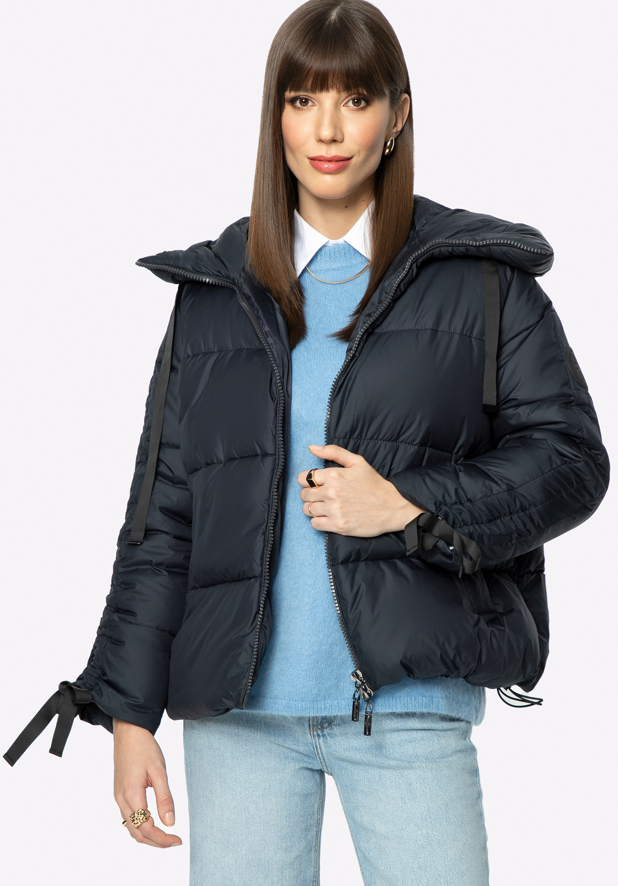 Steppjacke für Damen mit Strickbündchen an den Ärmeln - Oversize, dunkelblau, 97-9D-401-N-S, Bild 1