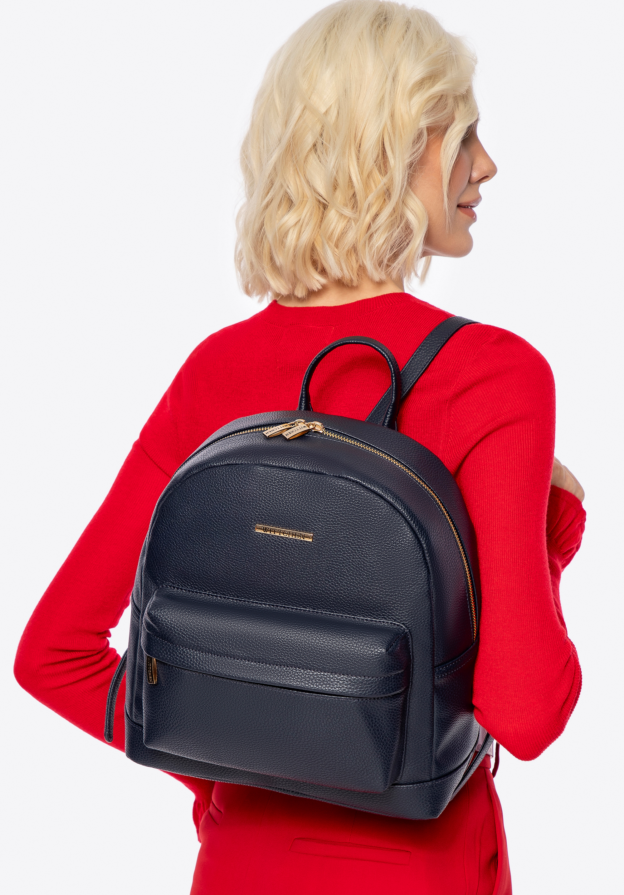 Damen-Rucksack aus Öko-Leder mit praktischer Tasche, dunkelblau, 100-4Y-001-7, Bild 1