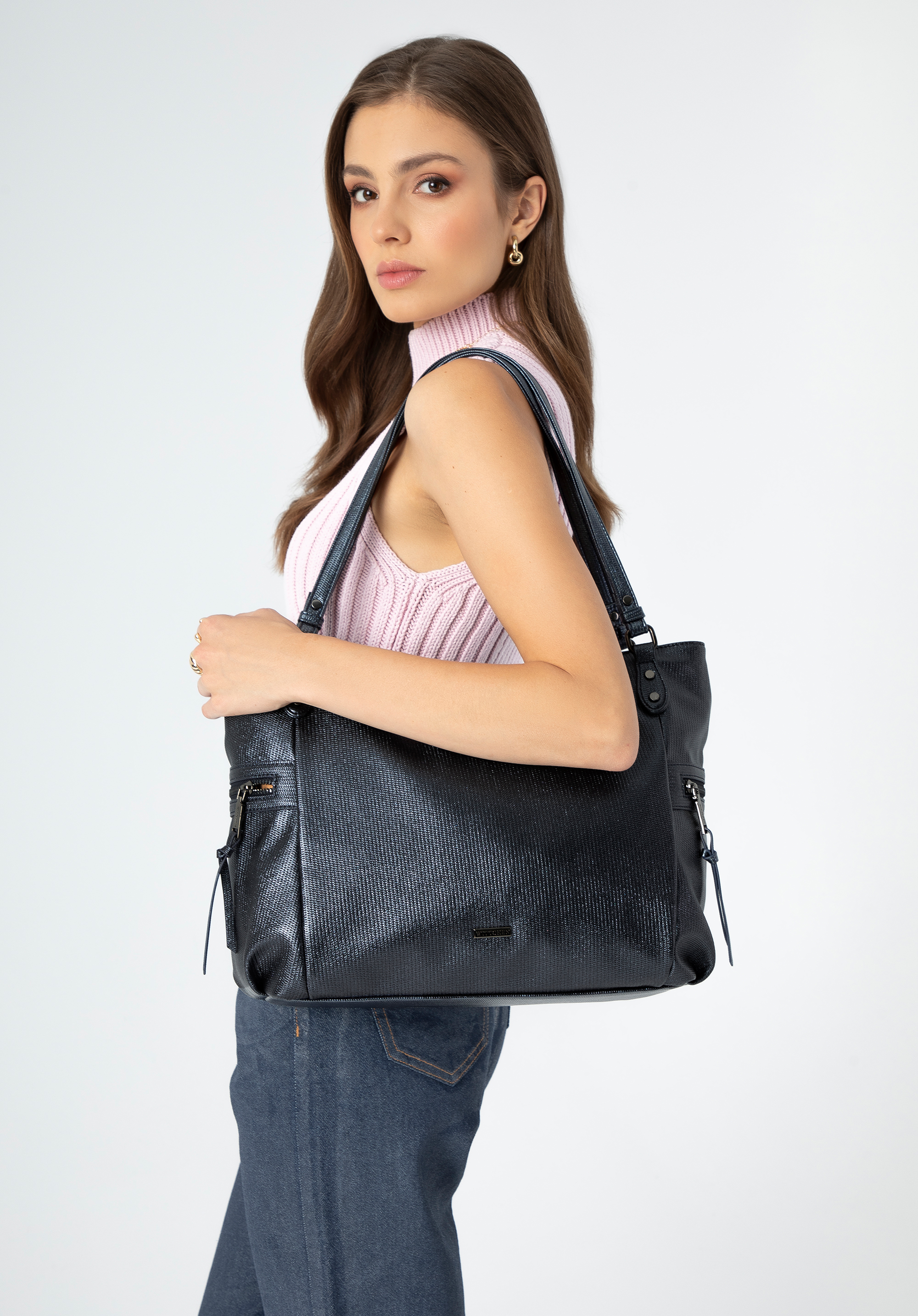 Damen-Shopper aus glänzendem Öko-Leder, dunkelblau, 99-4Y-712-7, Bild 1