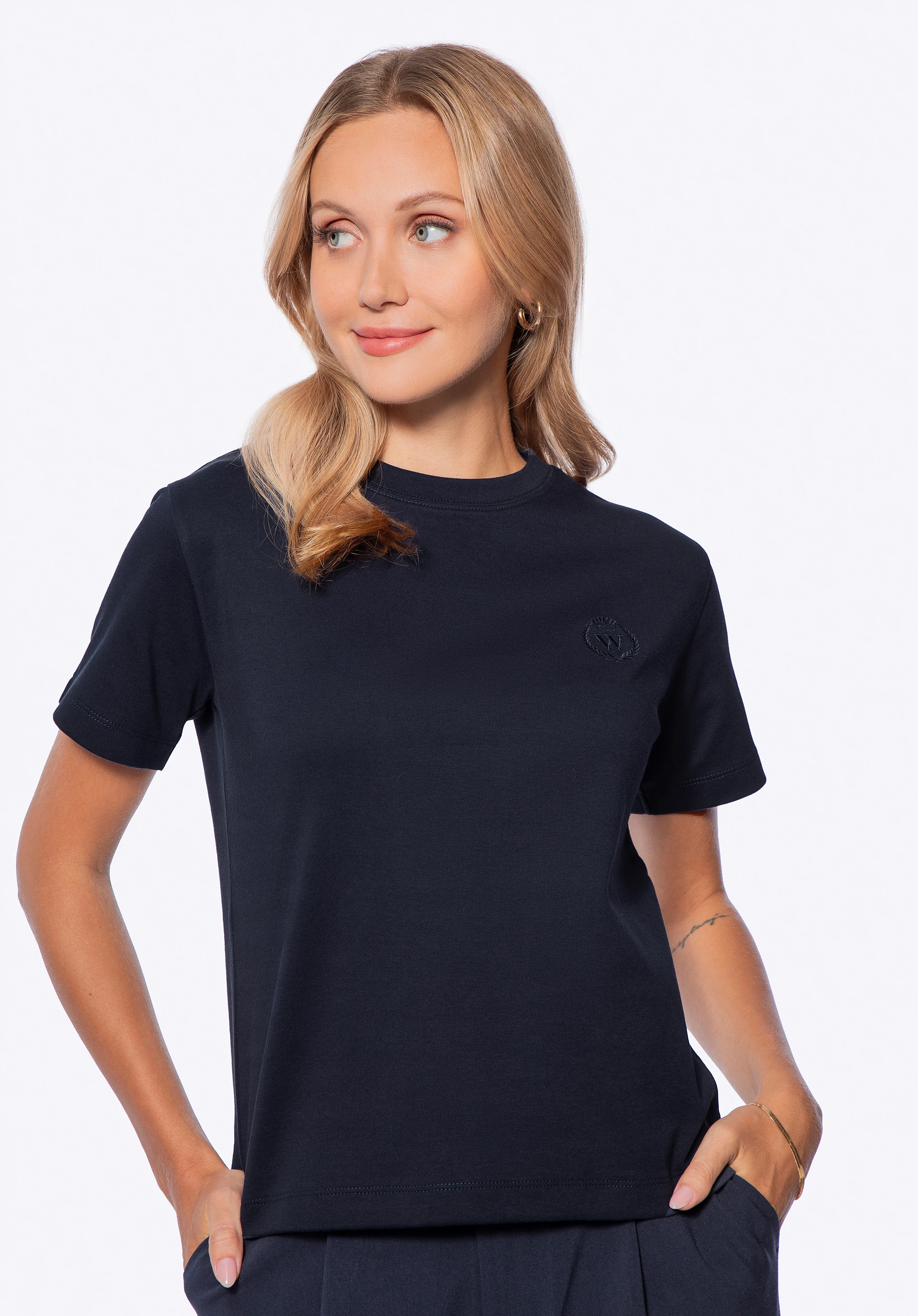 Damen-T-Shirt aus Baumwolle, dunkelblau, D0-99-100-N-S, Bild 1