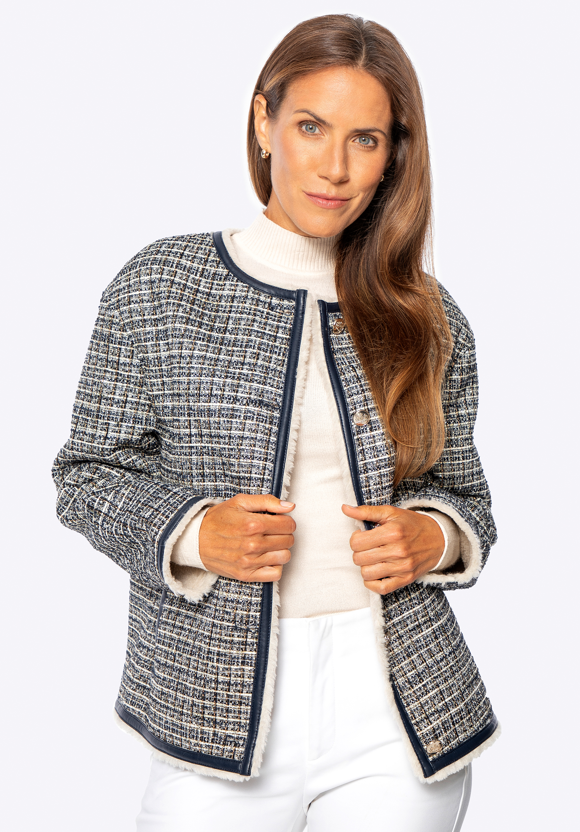 Damen Tweedjacke mit Kunstfellfutter, dunkelblau, 101-9W-903-N-L, Bild 1