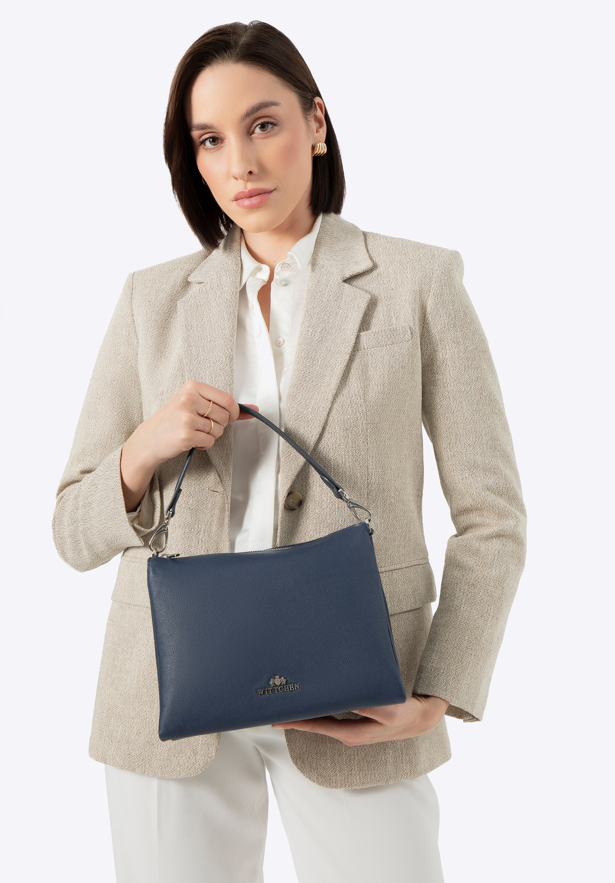 Damen-Umhängetasche aus Leder mit drei Fächern, dunkelblau, 100-4E-808-7, Bild 1
