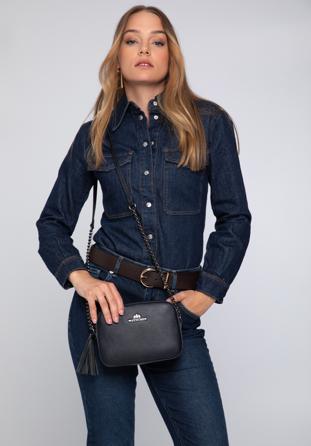 Damen-Umhängetasche aus Leder mit Kette, dunkelblau, 29-4E-015-N, Bild 1
