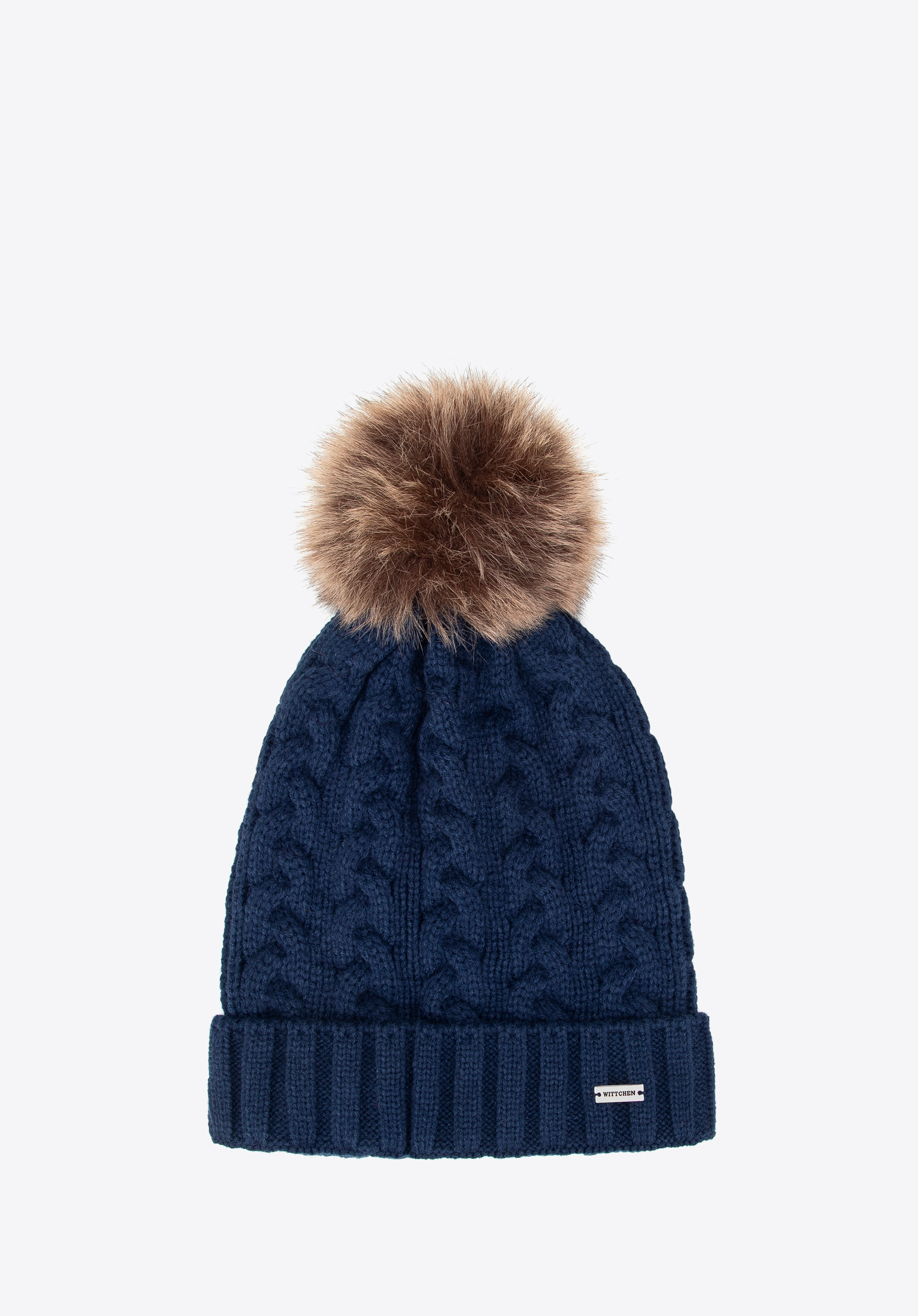 Damenmütze mit Zopfmuster und Bommel, dunkelblau, 101-HF-016-7, Bild 1