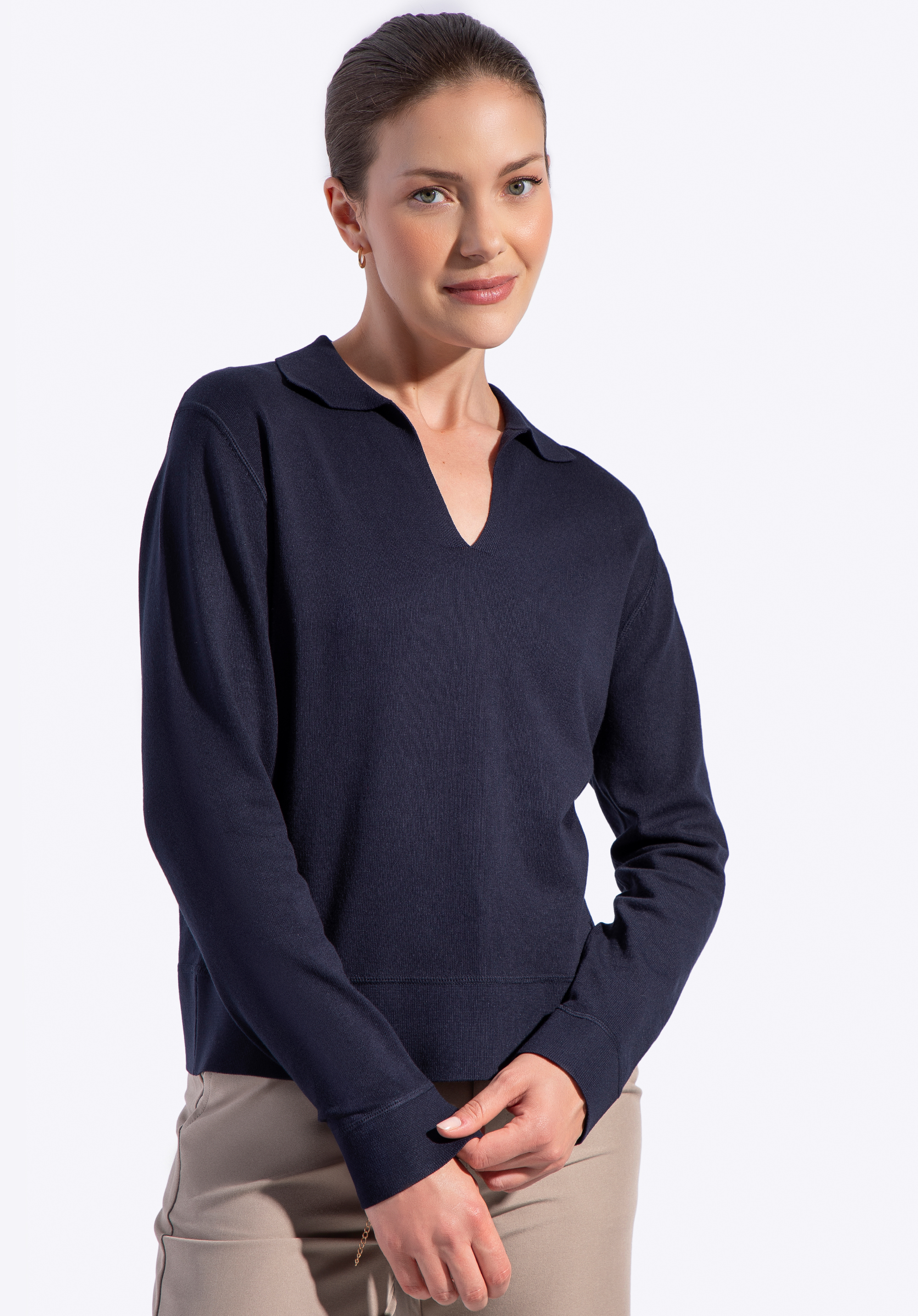 Damenpullover mit V-Ausschnitt aus Viskose und Nylon, dunkelblau, 29-99-005-N-M, Bild 1