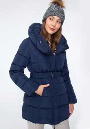 Daunenjacke für Damen mit Gürtel und hohem Kragen, dunkelblau, 97-9D-400-N-S, Bild 1