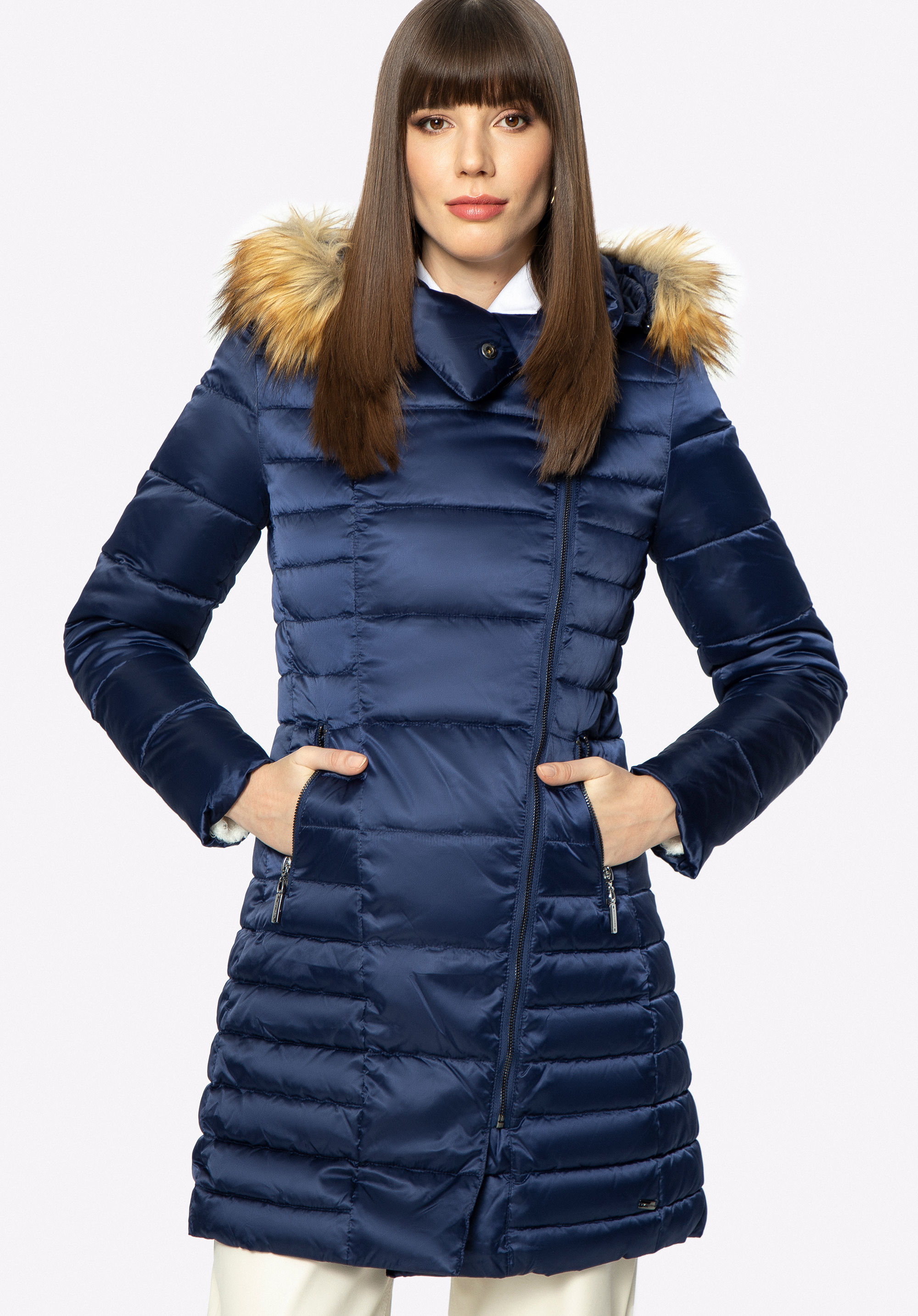 Daunenmantel für Damen mit asymmetrischem Verschluss, dunkelblau, 95-9D-403-N-L, Bild 1