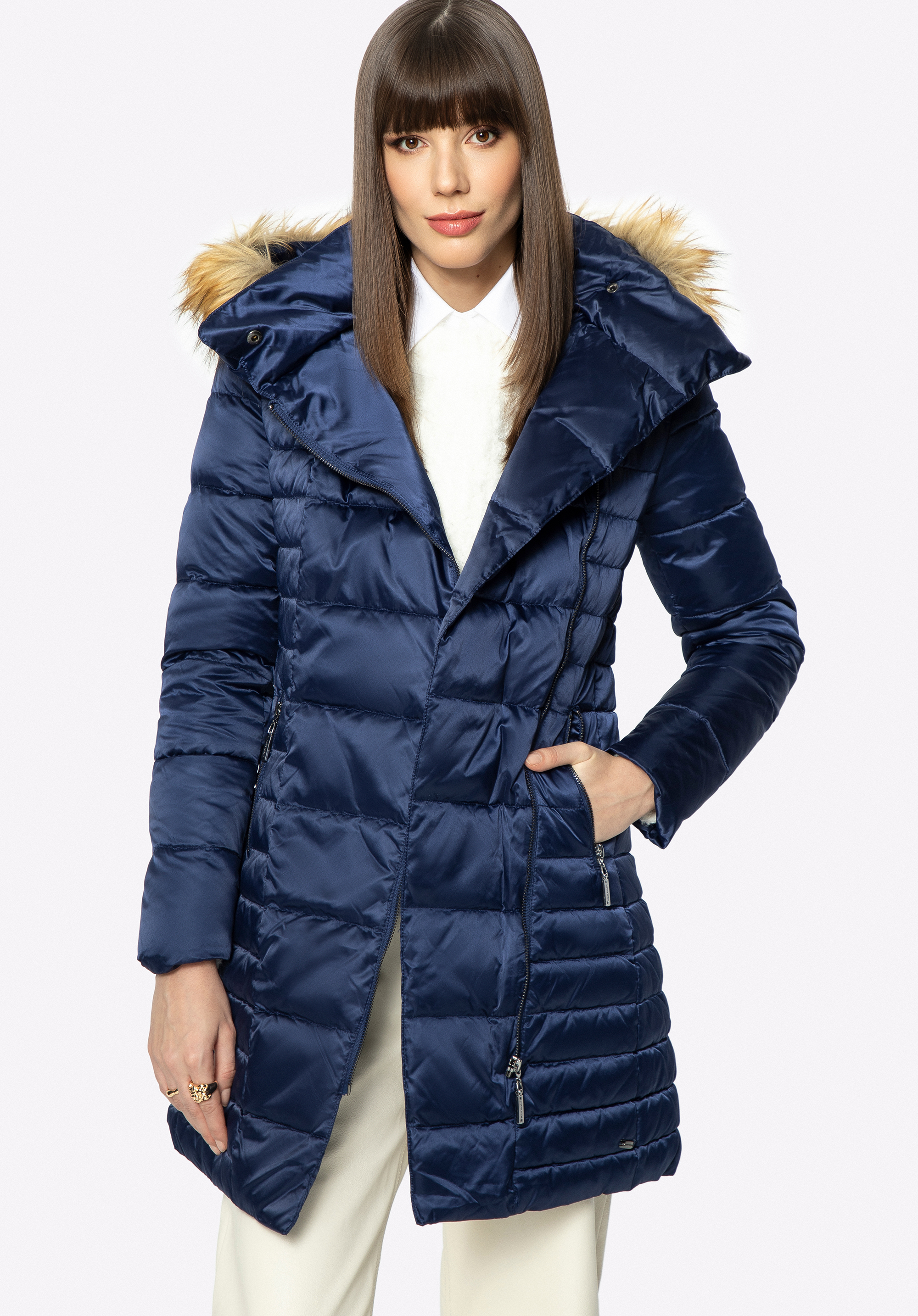 Daunenmantel für Damen mit asymmetrischem Verschluss, dunkelblau, 95-9D-403-N-L, Bild 1