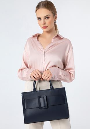 Einkaufstasche aus Faxu-Leder mit geometrischer Schnalle, dunkelblau, 97-4Y-757-N, Bild 1