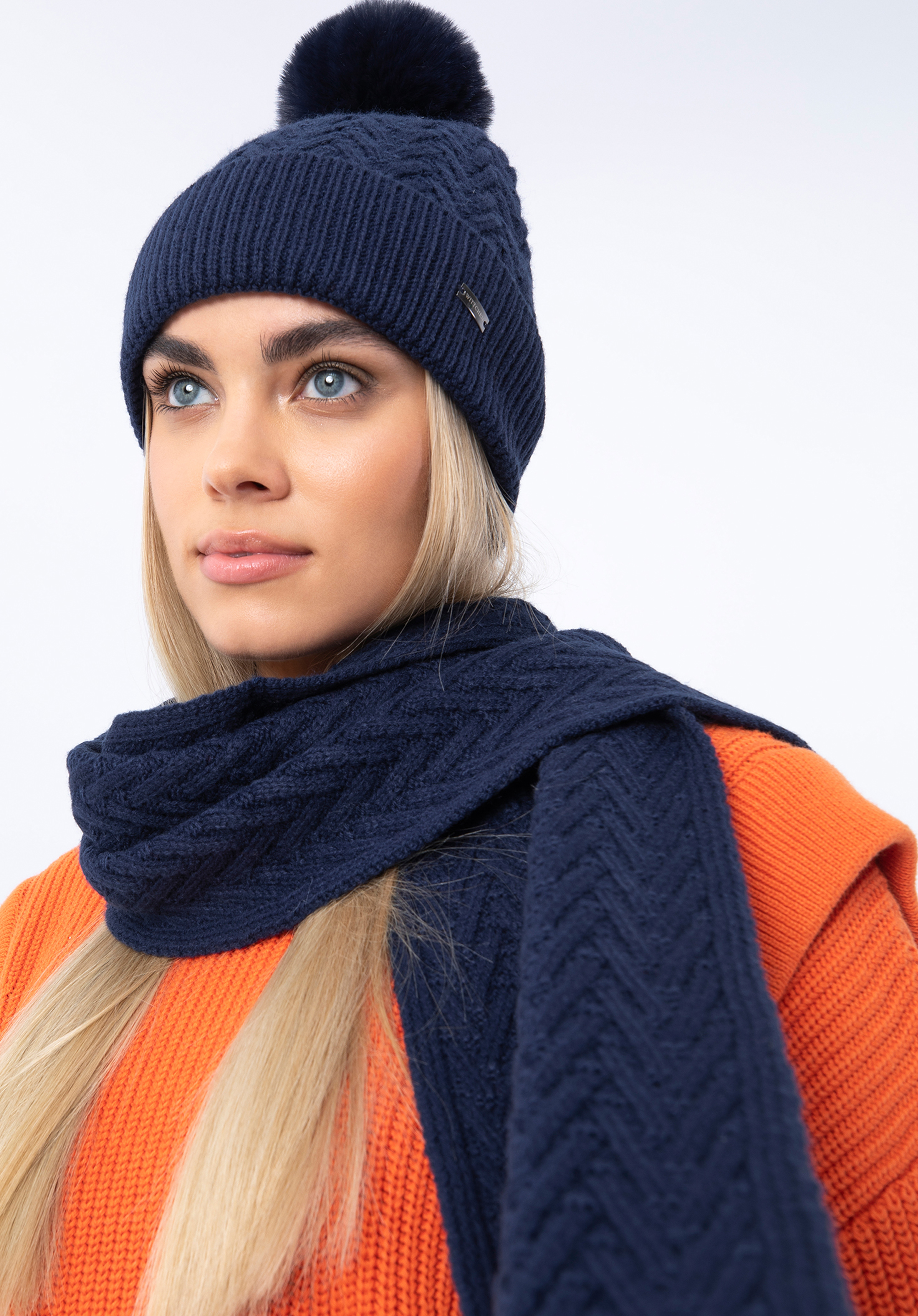 Fischgrätenschal für Damen, dunkelblau, 97-7F-007-7, Bild 1